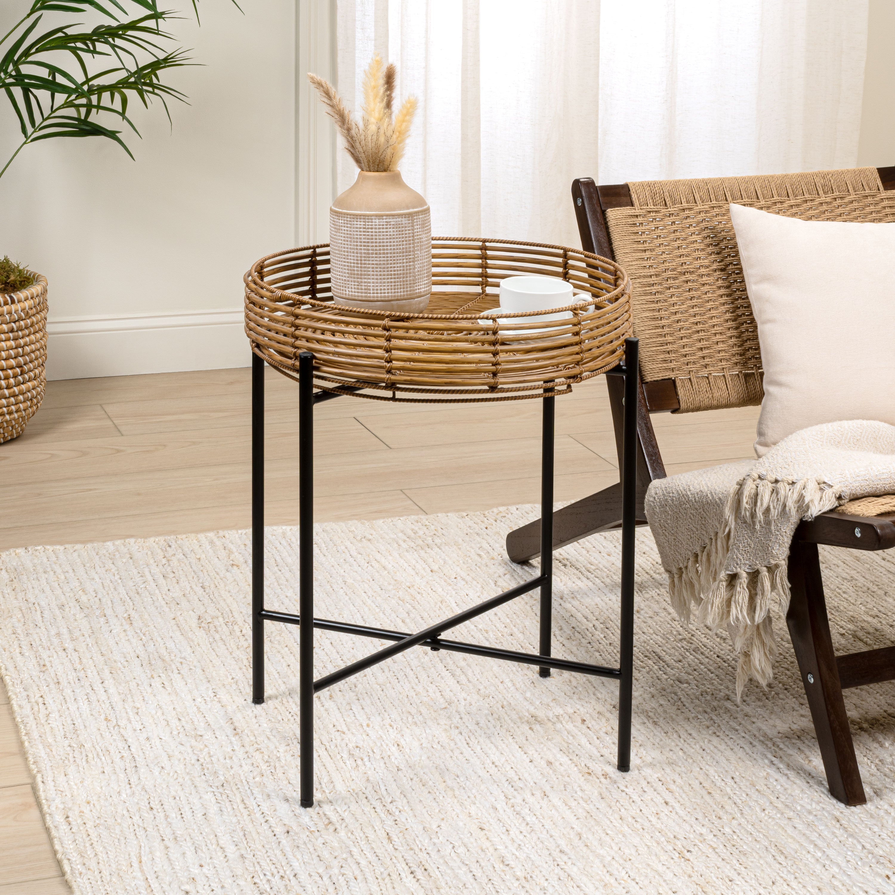 Malia 20" Coastal Bohemian Faux Rattan Round Tray End Table with Metal Base