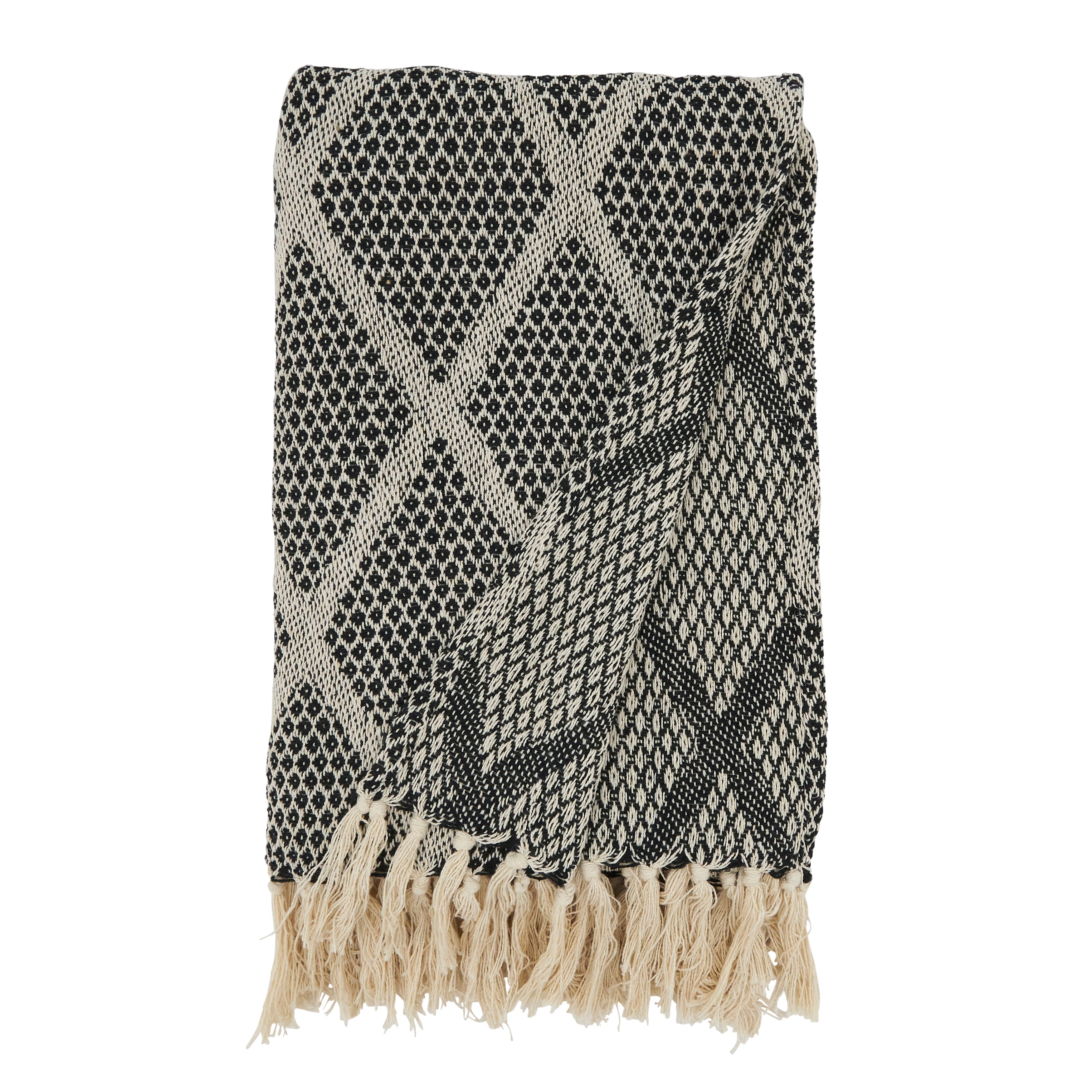 Diamond-Patterned Knit Fringed Throw Blanket