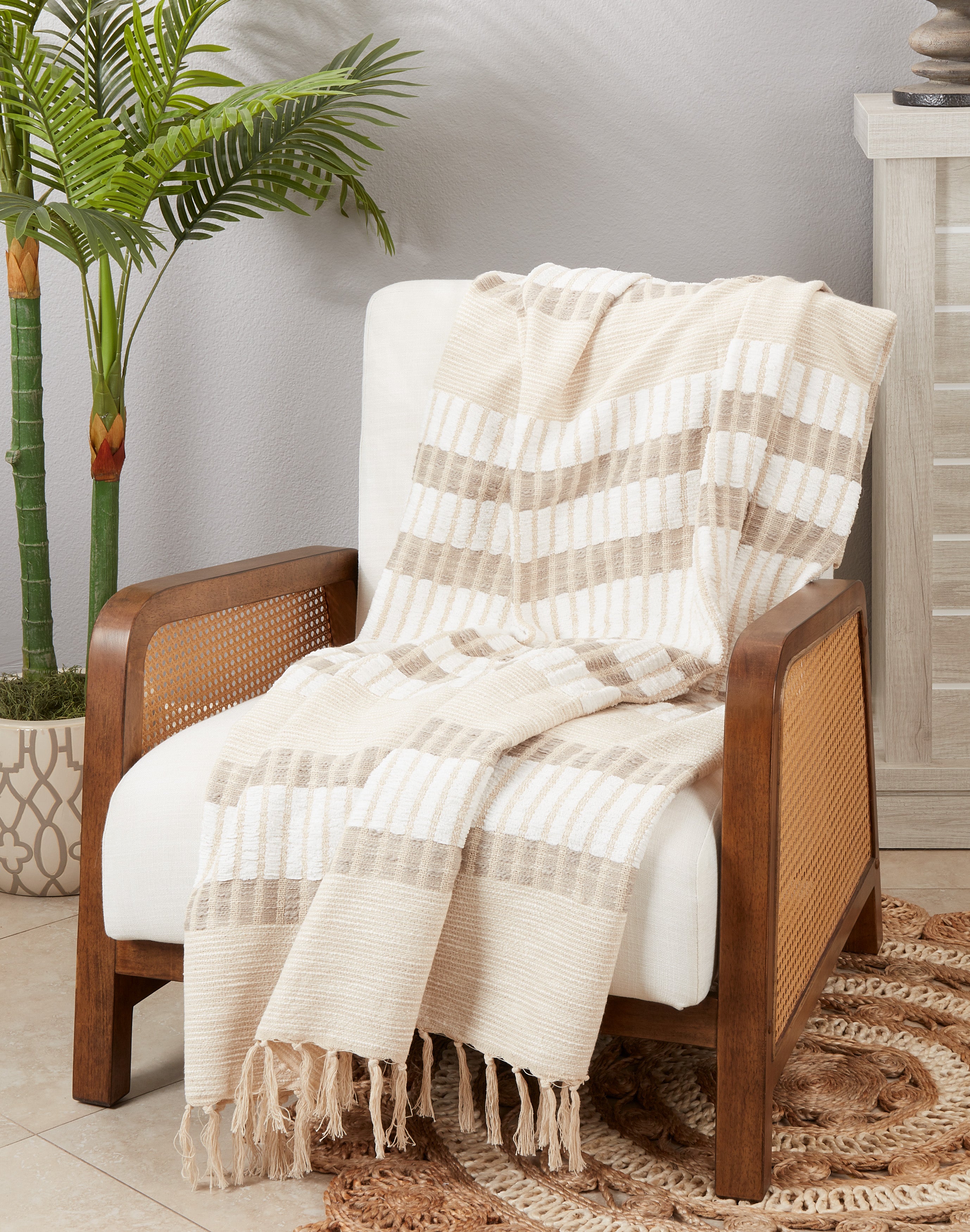 Earthy Elegance Woven Stripe Fringed Throw Blanket