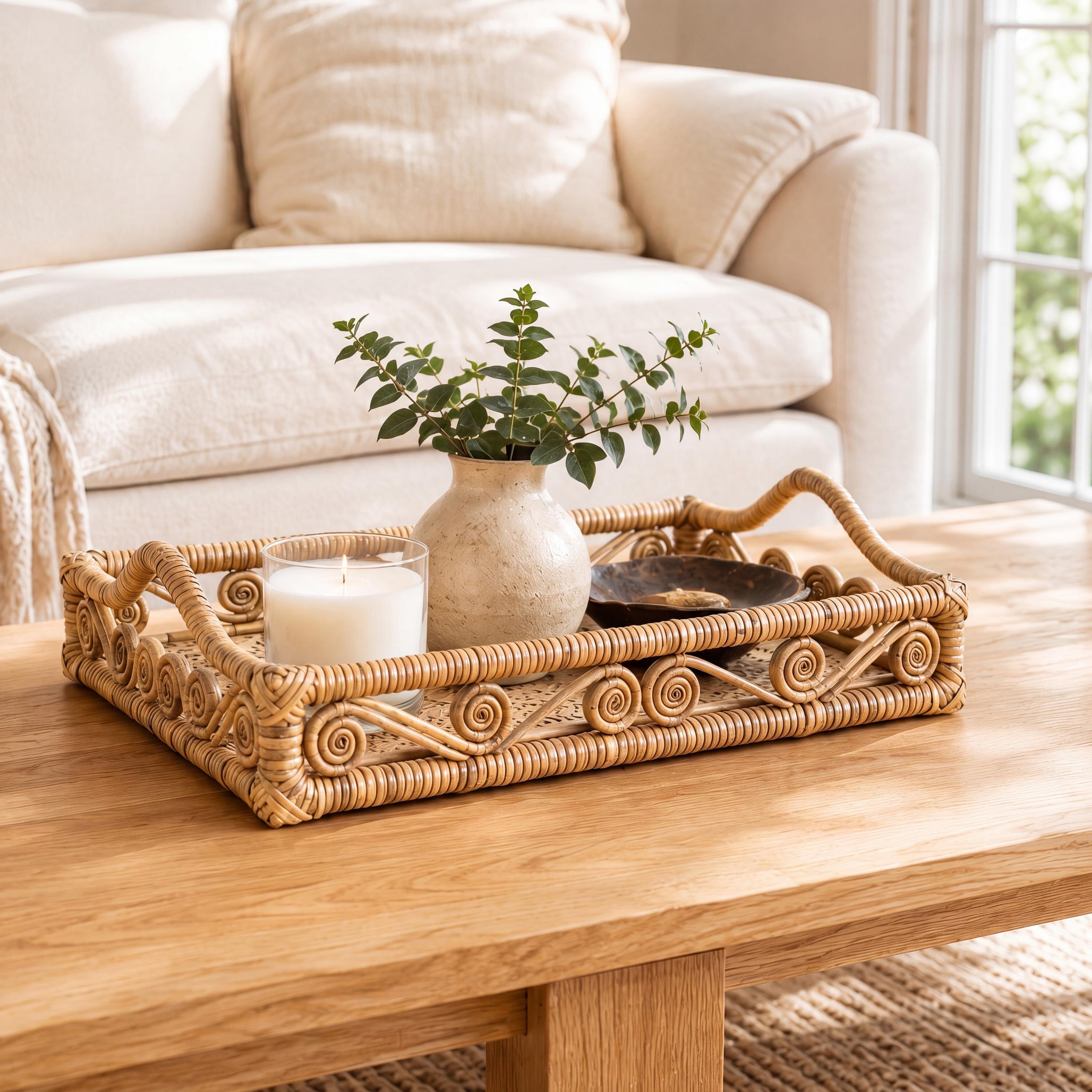 Baron Handcrafted Rattan/Bamboo Rectangular Decorative Tray with Handles
