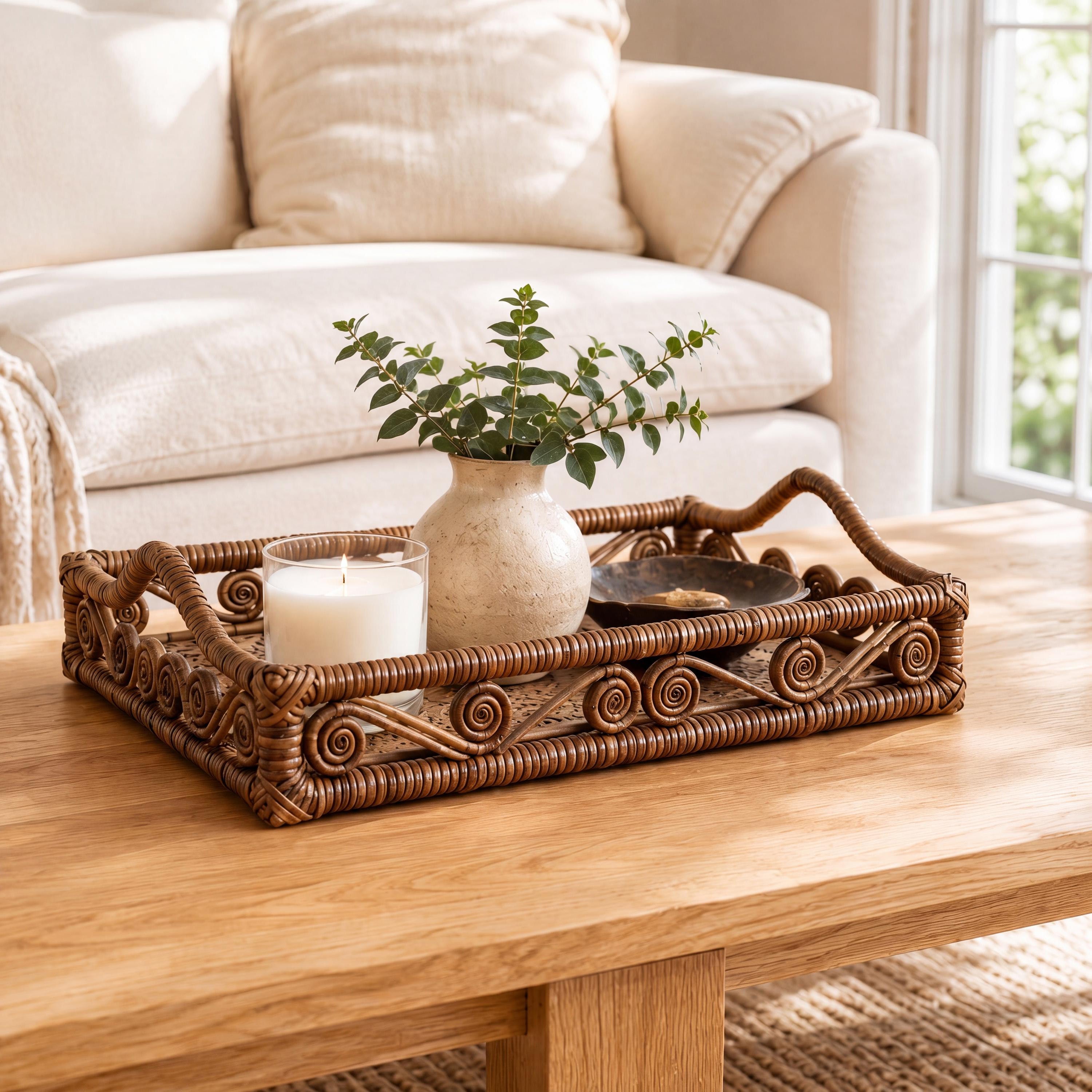 Baron Handcrafted Rattan/Bamboo Rectangular Decorative Tray with Handles