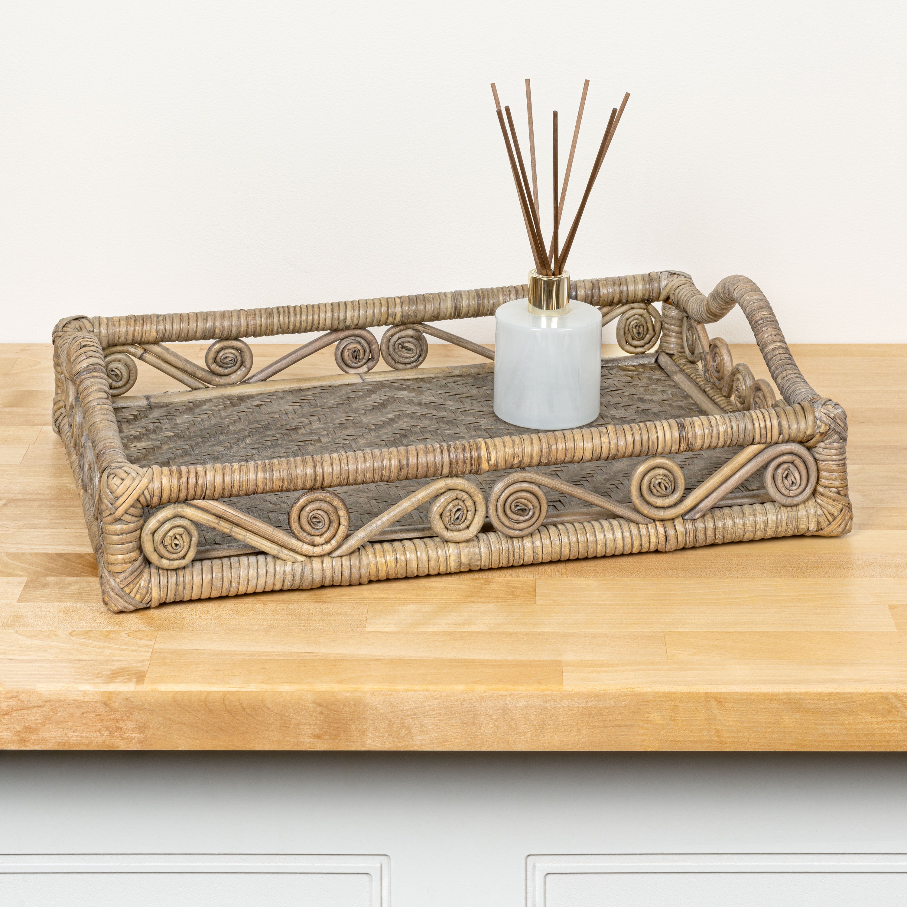 Baron Handcrafted Rattan/Bamboo Rectangular Decorative Tray with Handles