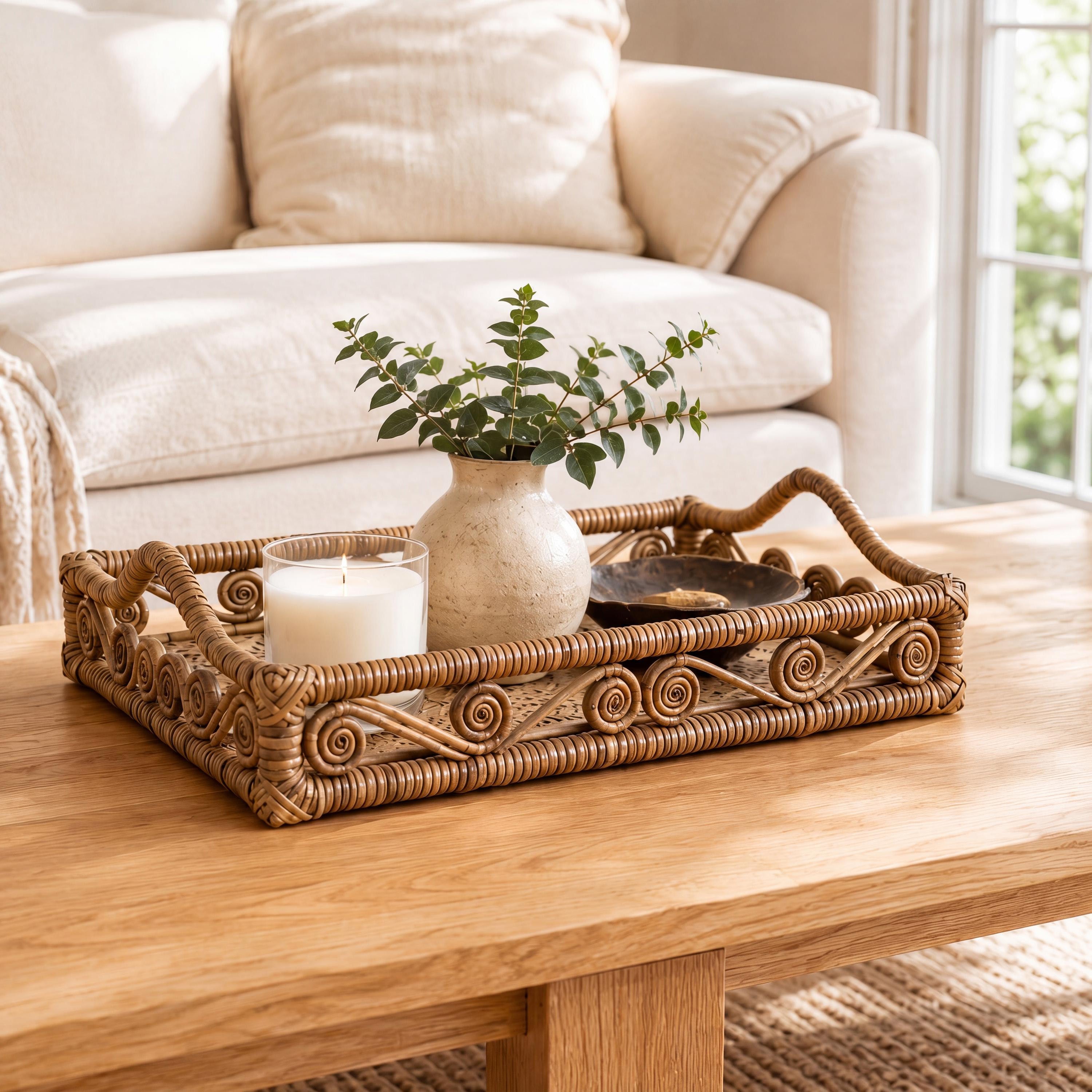 Baron Handcrafted Rattan/Bamboo Rectangular Decorative Tray with Handles