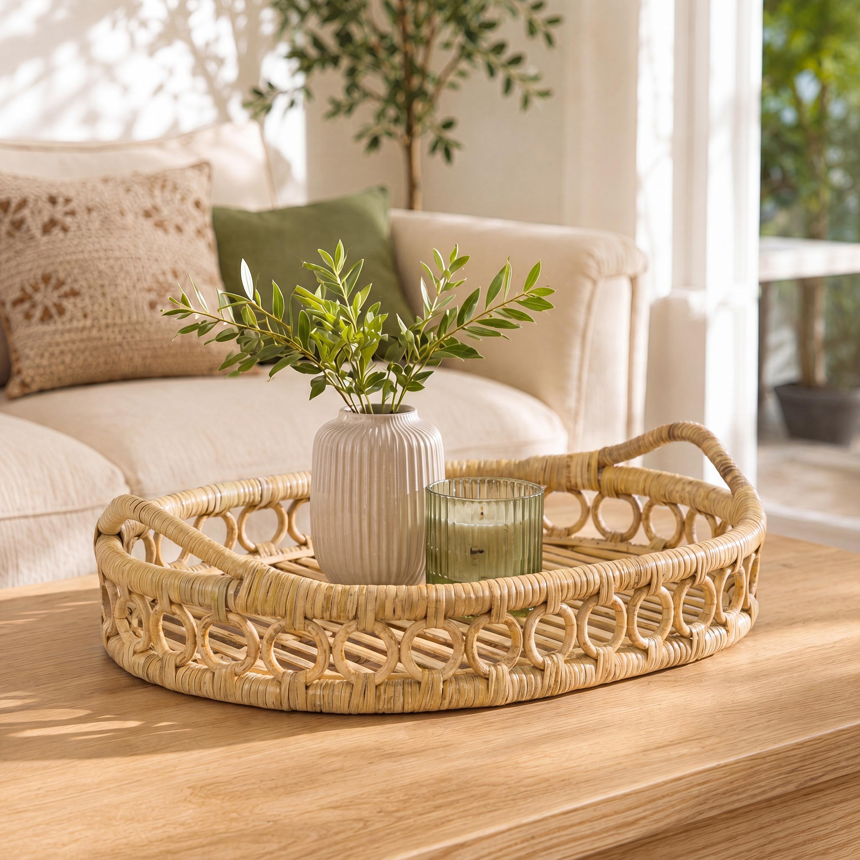 Cassini Handcrafted Rattan Oval Decorative Tray with Handles