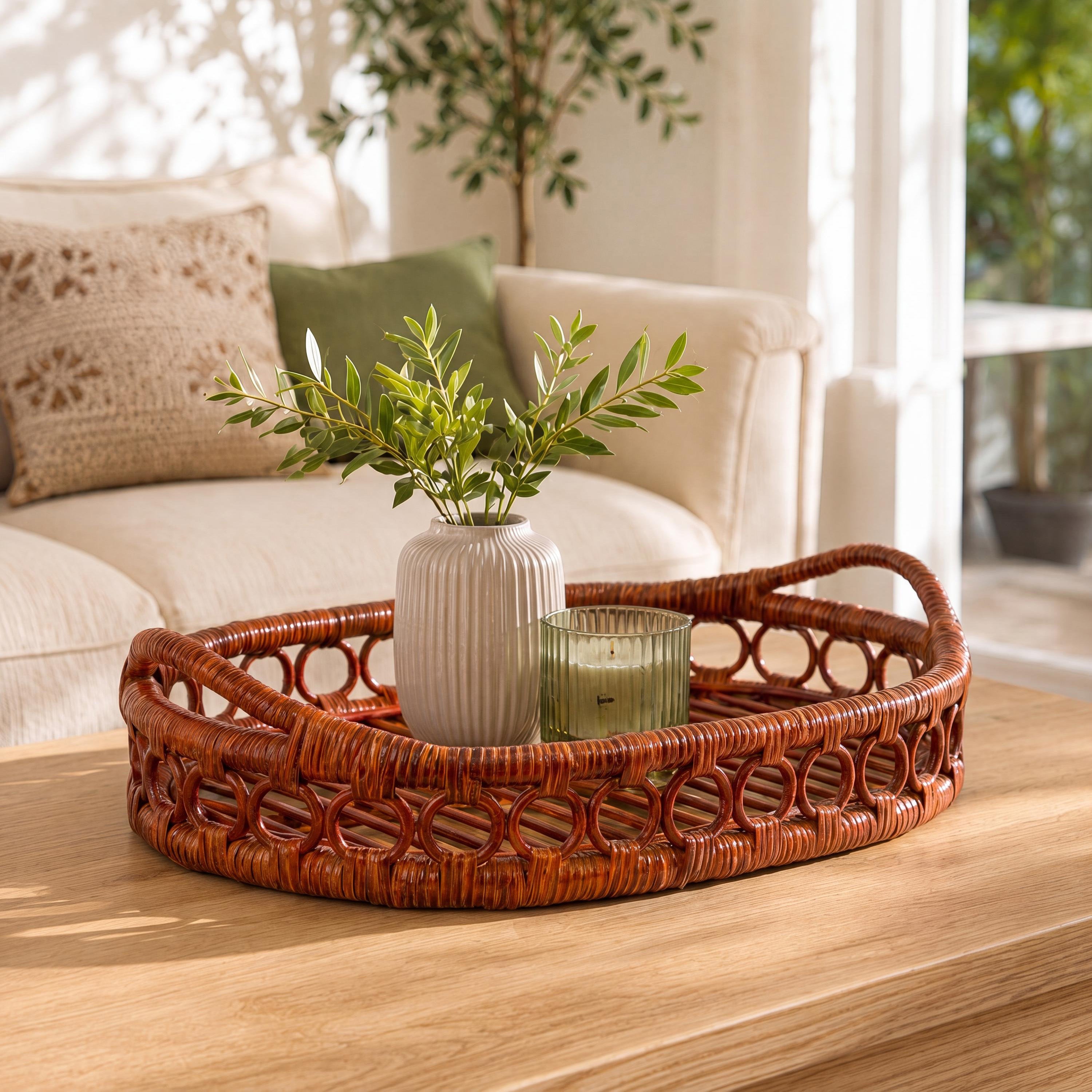 Cassini Handcrafted Rattan Oval Decorative Tray with Handles