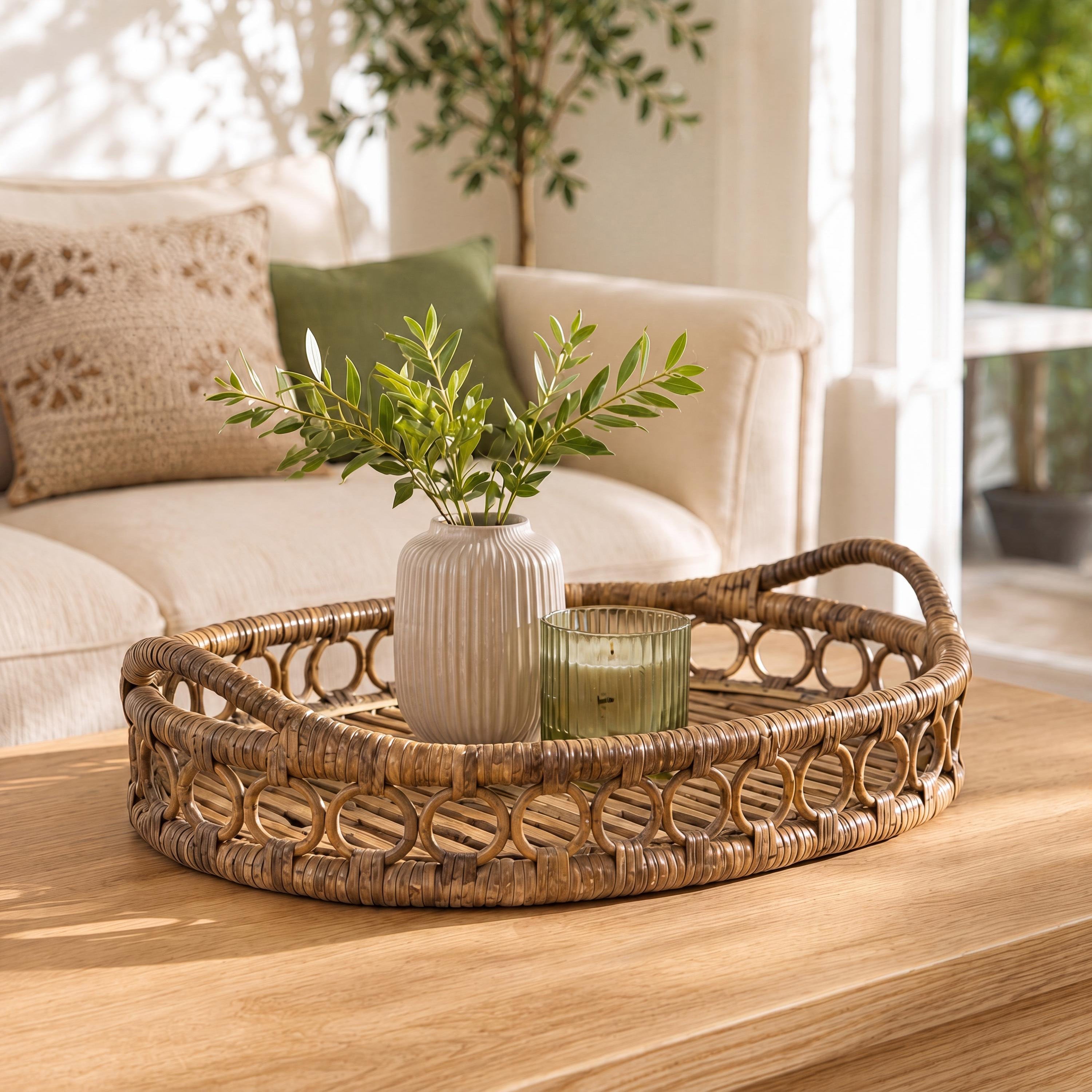 Cassini Handcrafted Rattan Oval Decorative Tray with Handles