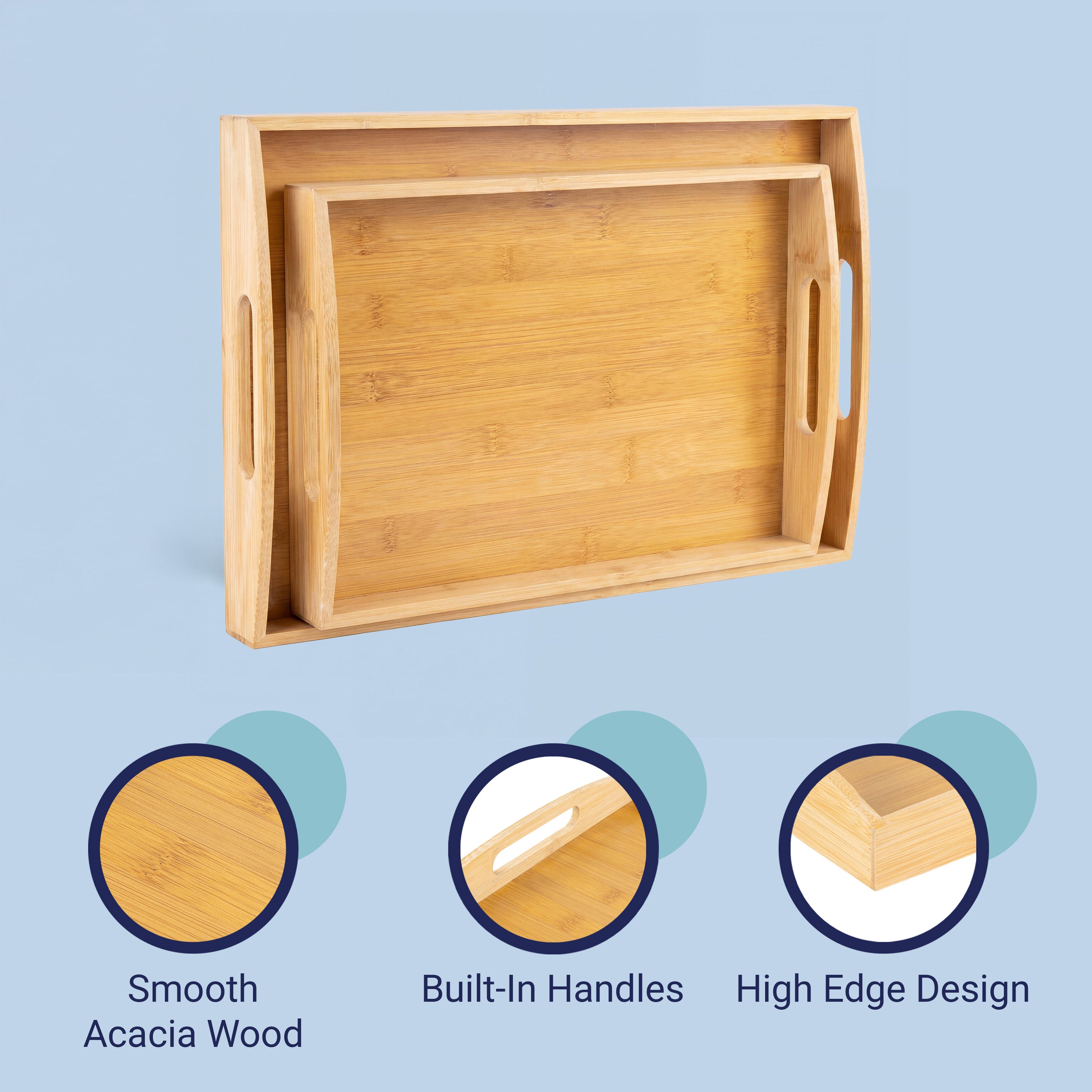 Elora Handcrafted Nesting Bamboo Serving Trays with Handles, Set of 2
