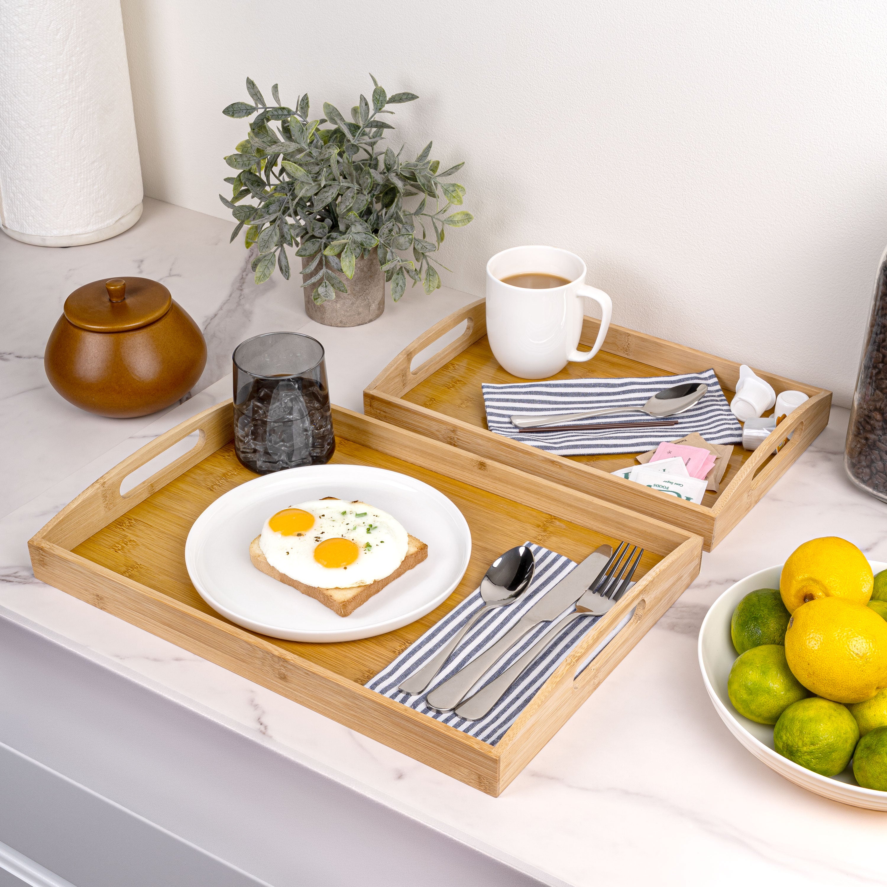 Elora Handcrafted Nesting Bamboo Serving Trays with Handles, Set of 2