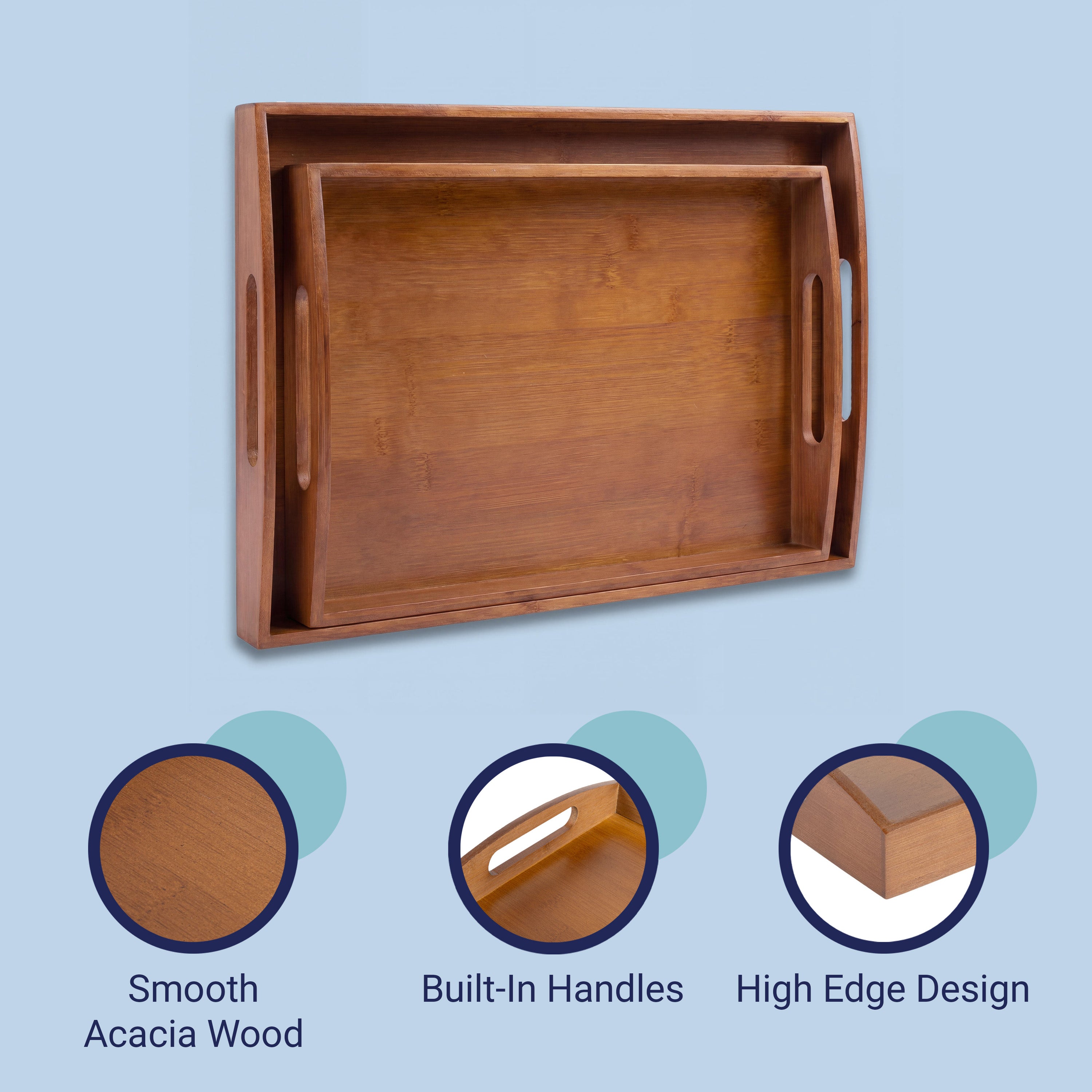 Elora Handcrafted Nesting Bamboo Serving Trays with Handles, Set of 2