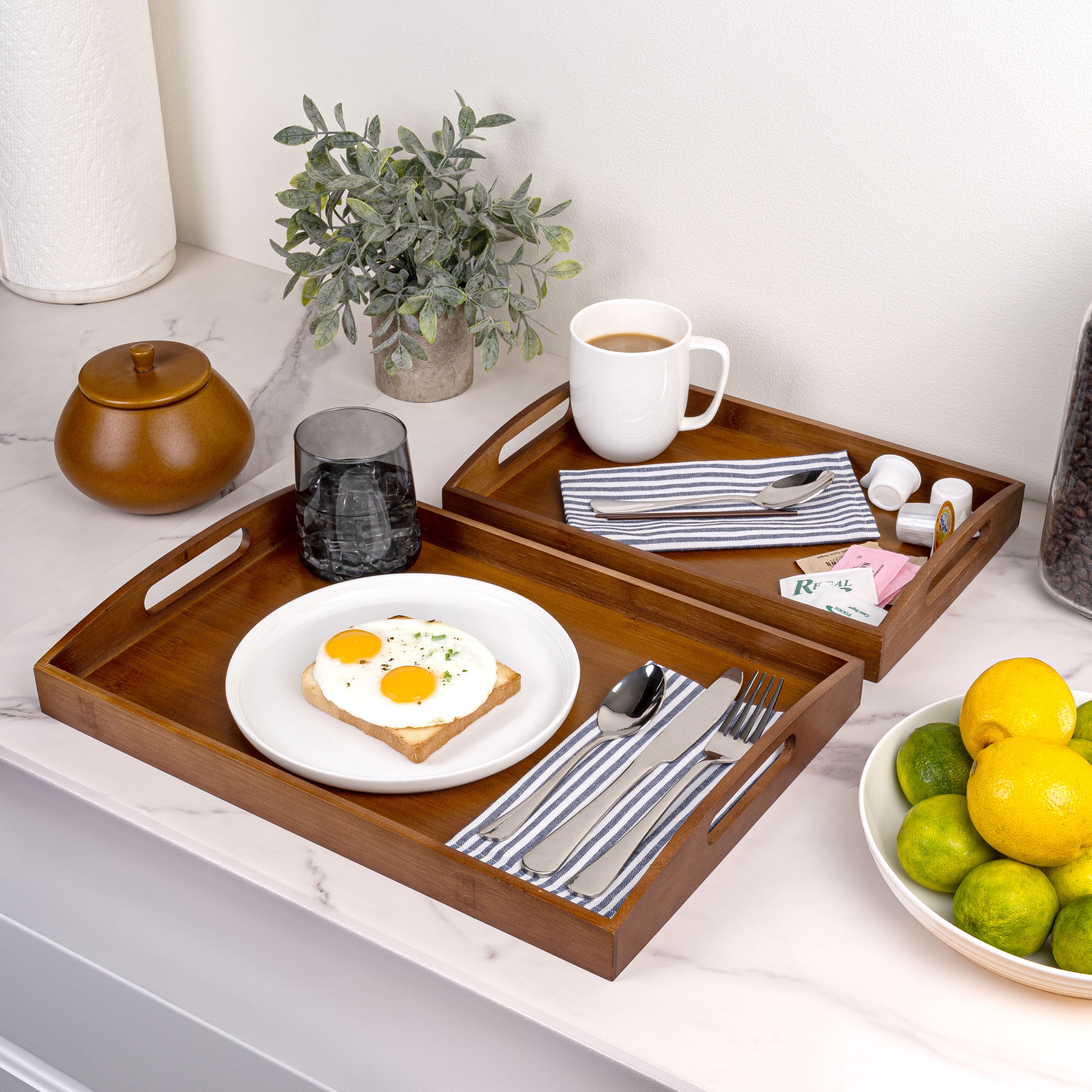 Elora Handcrafted Nesting Bamboo Serving Trays with Handles, Set of 2