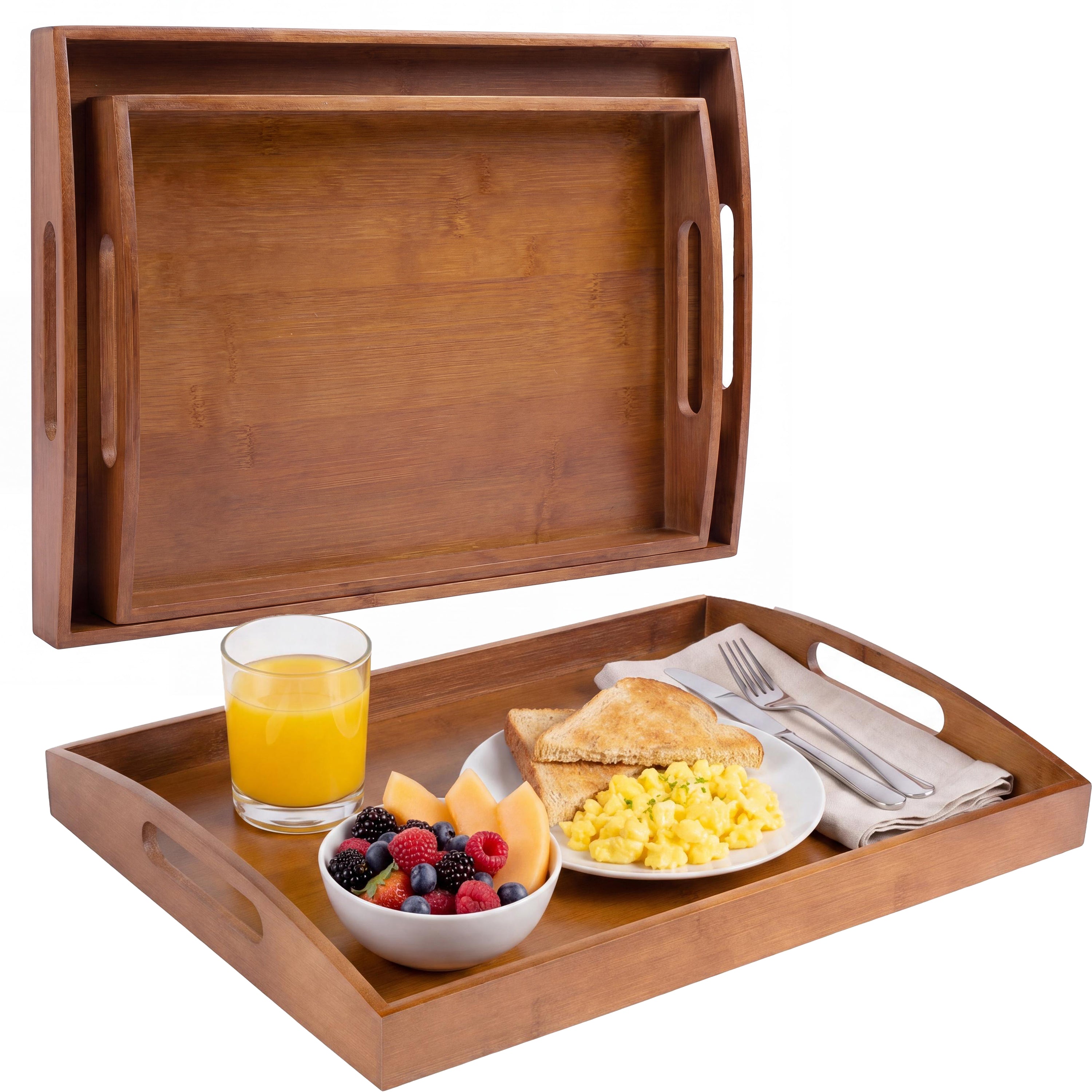Elora Handcrafted Nesting Bamboo Serving Trays with Handles, Set of 2
