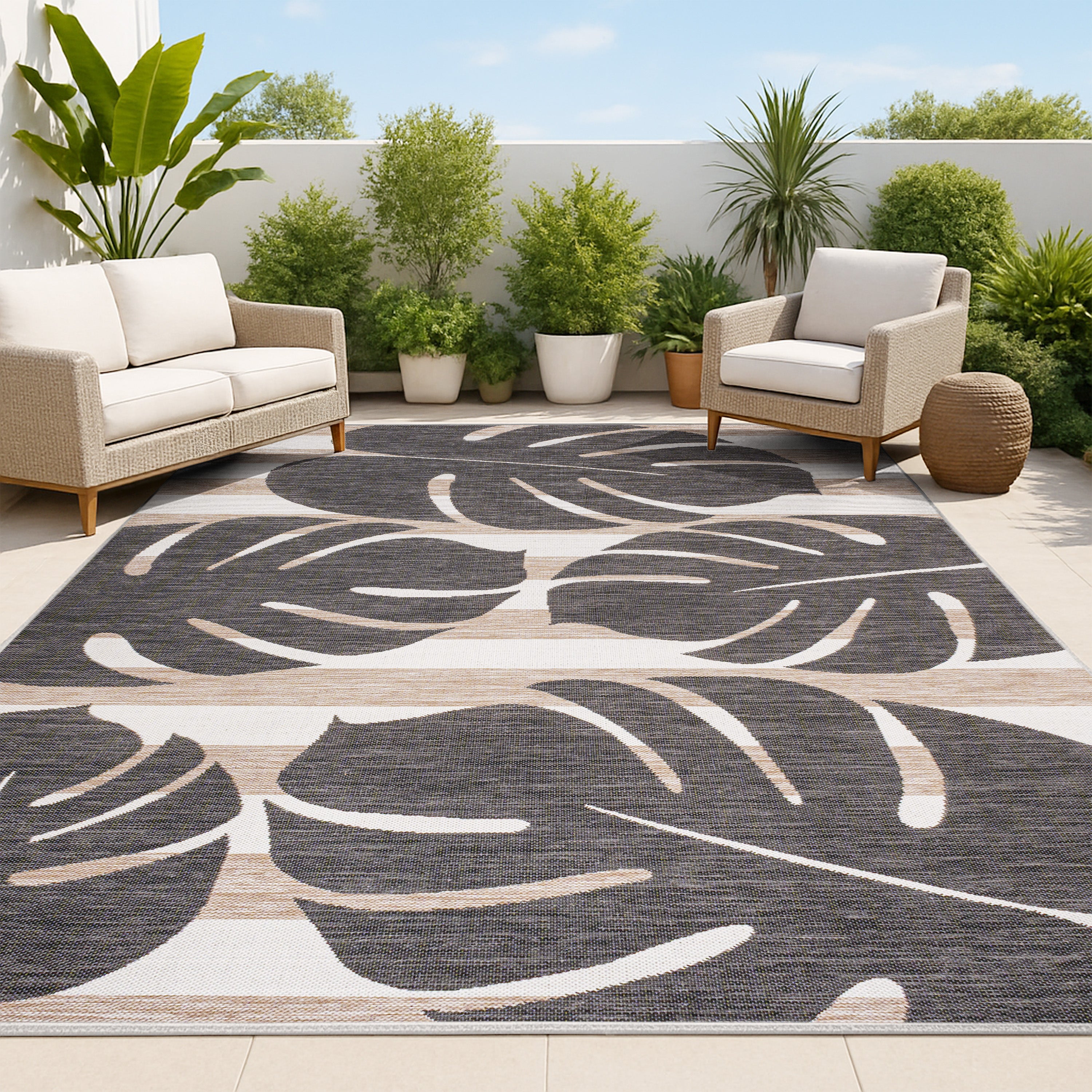 Allison Classic Beach Stripe and Monstera Leaf Indoor/Outdoor Area Rug