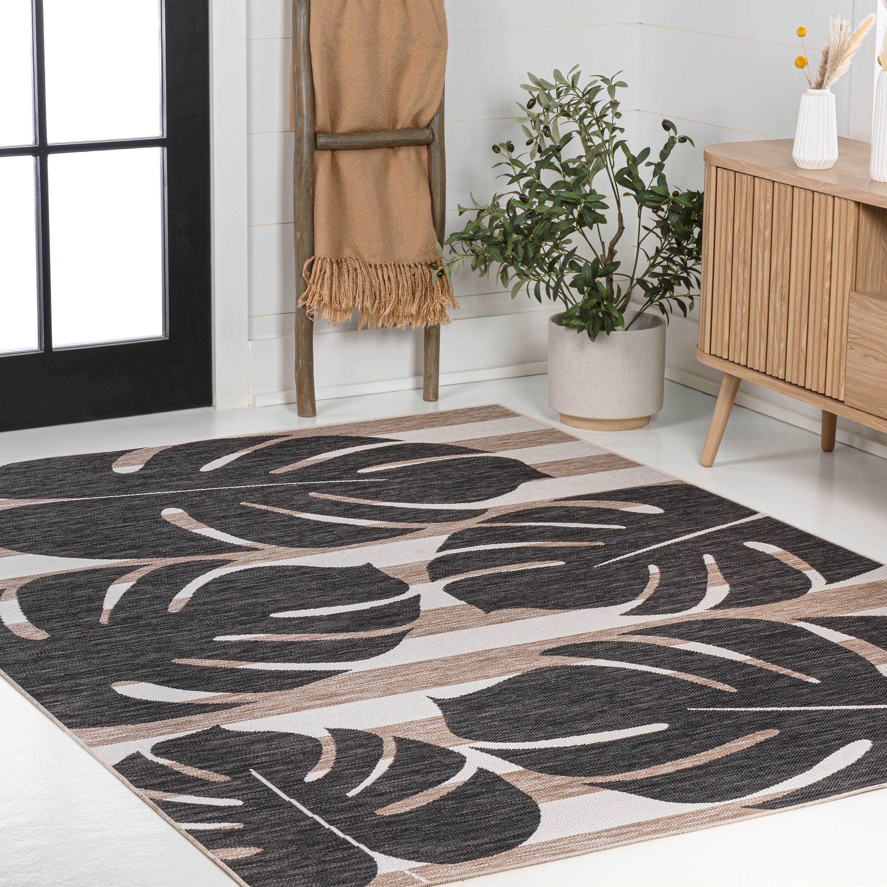 Allison Classic Beach Stripe and Monstera Leaf Indoor/Outdoor Area Rug