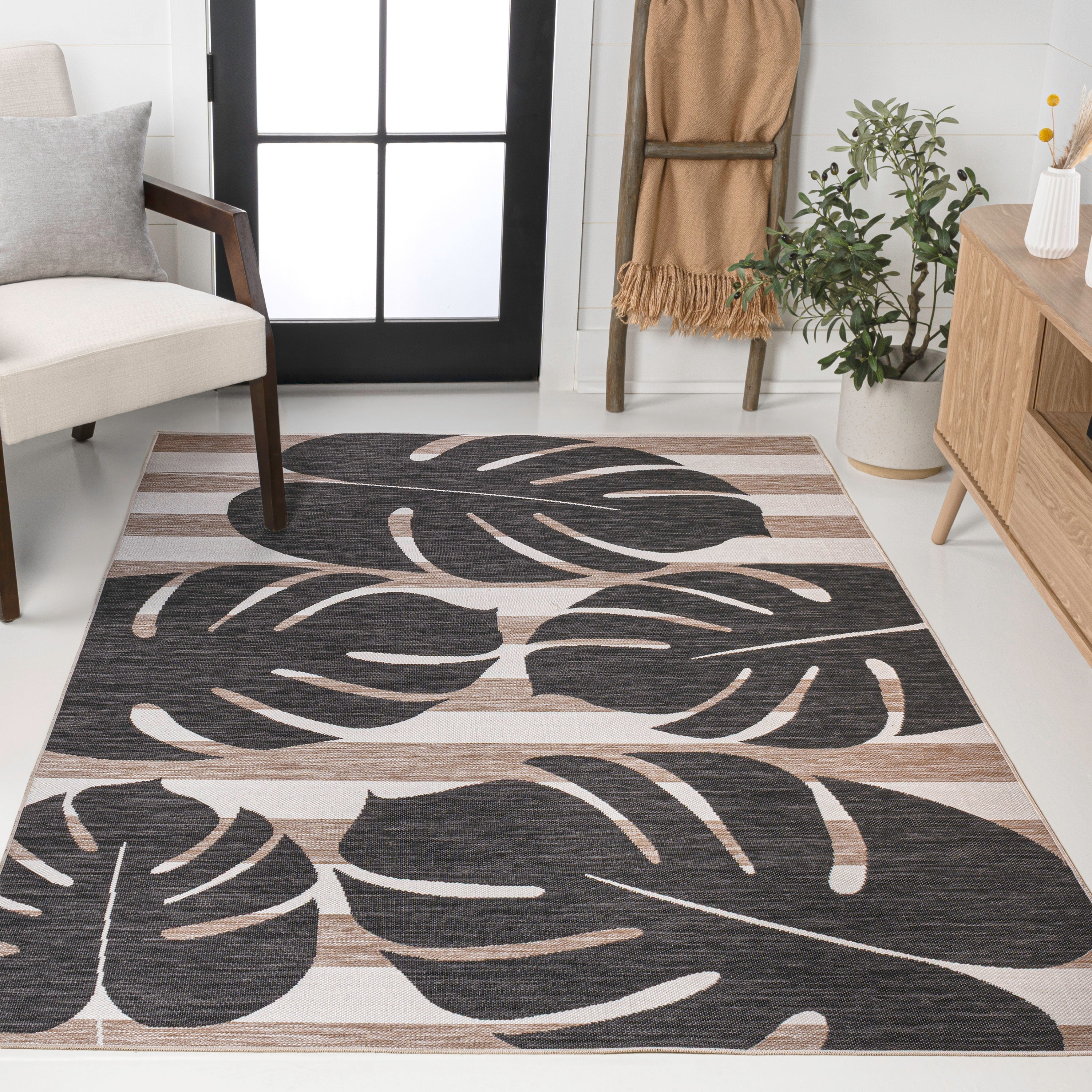 Allison Classic Beach Stripe and Monstera Leaf Indoor/Outdoor Area Rug