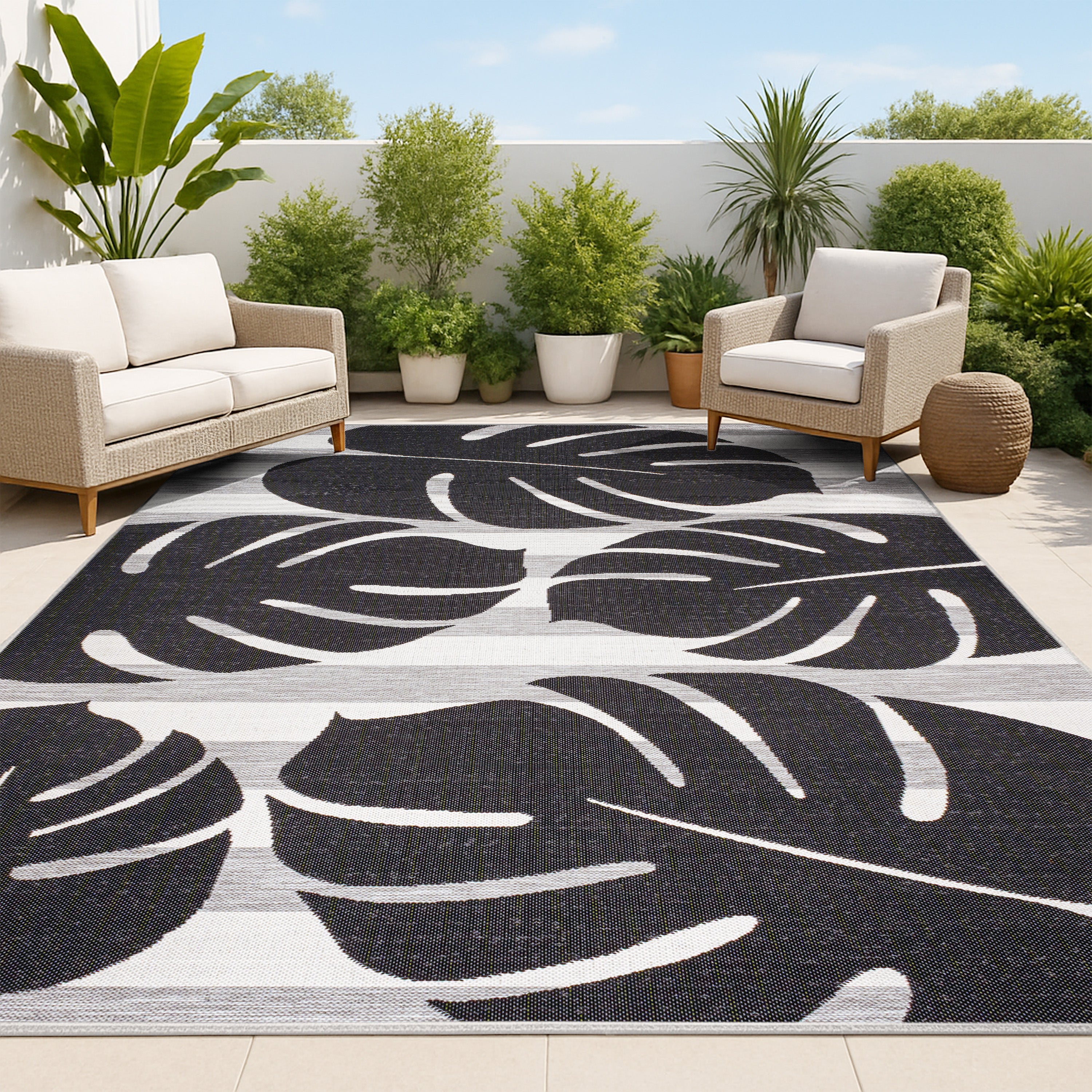 Allison Classic Beach Stripe and Monstera Leaf Indoor/Outdoor Area Rug