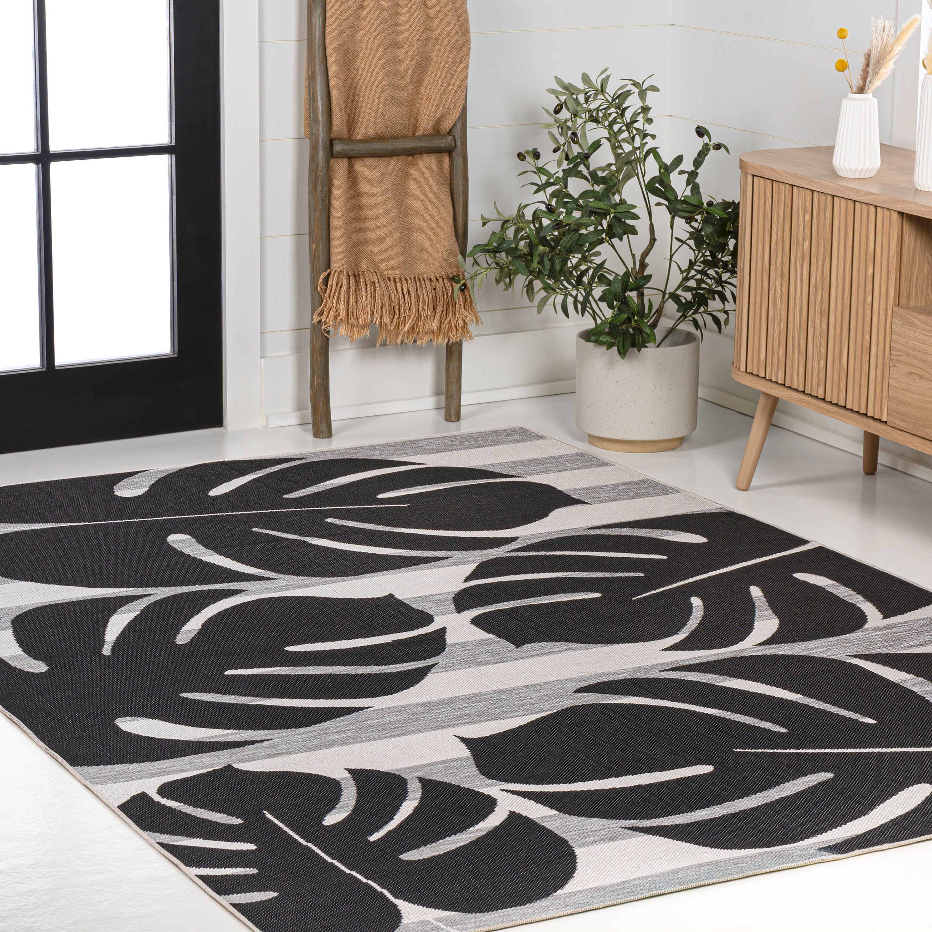 Allison Classic Beach Stripe and Monstera Leaf Indoor/Outdoor Area Rug