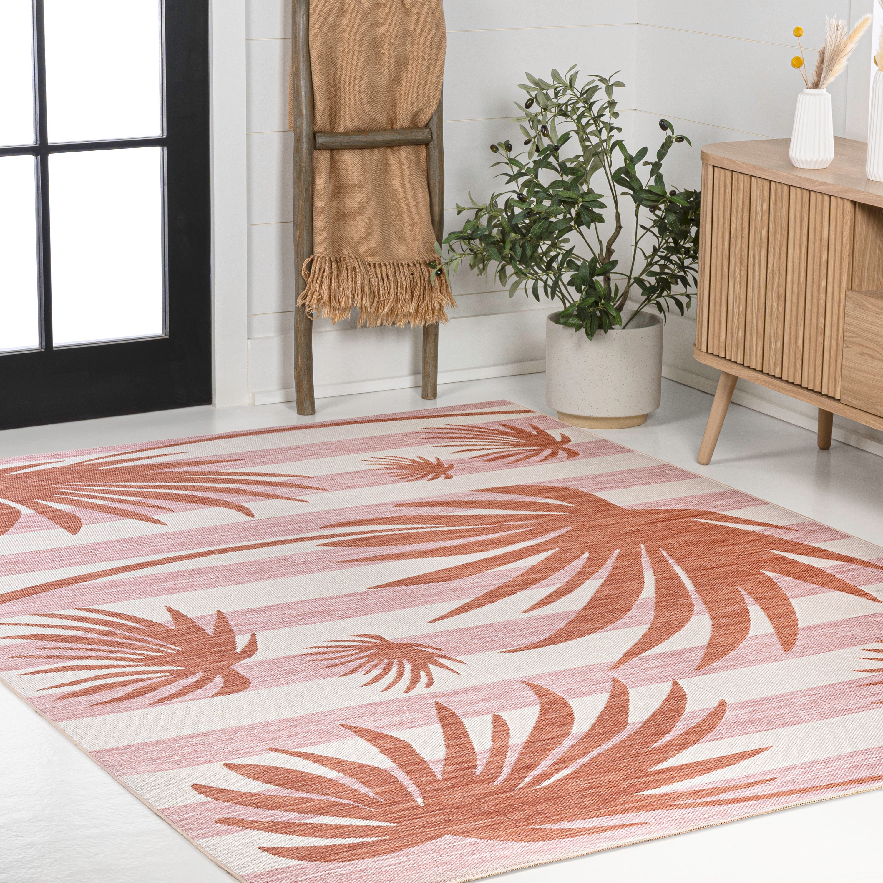 Veronica Classic Beach Stripe and Palm Leaf Indoor/Outdoor Area Rug