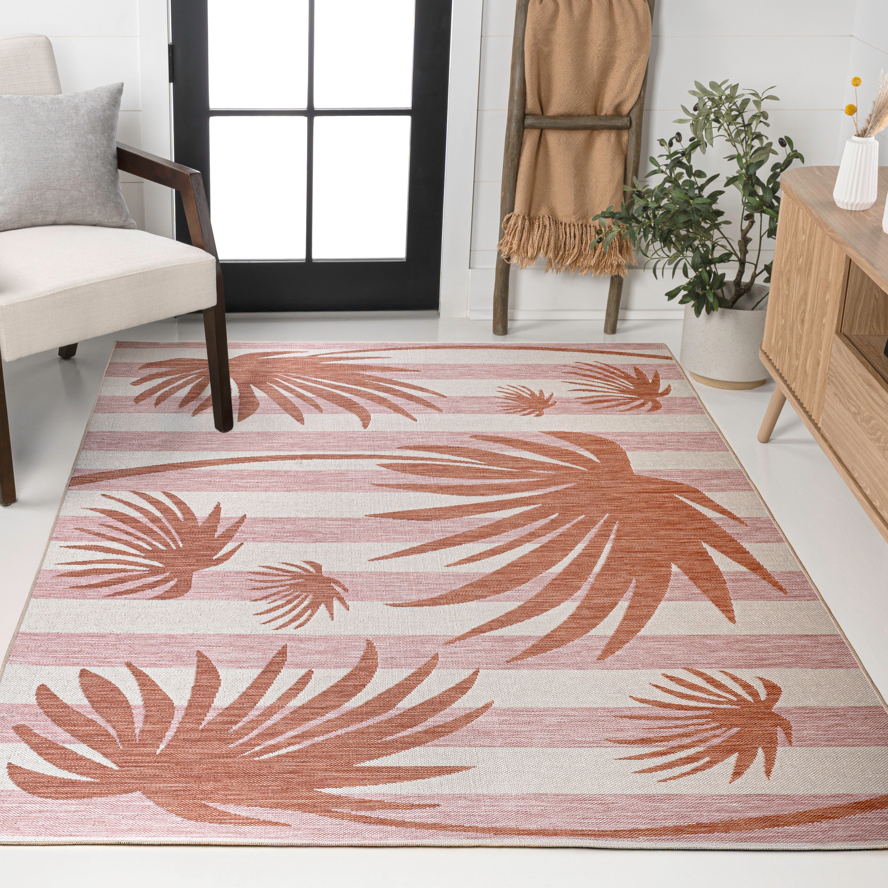 Veronica Classic Beach Stripe and Palm Leaf Indoor/Outdoor Area Rug