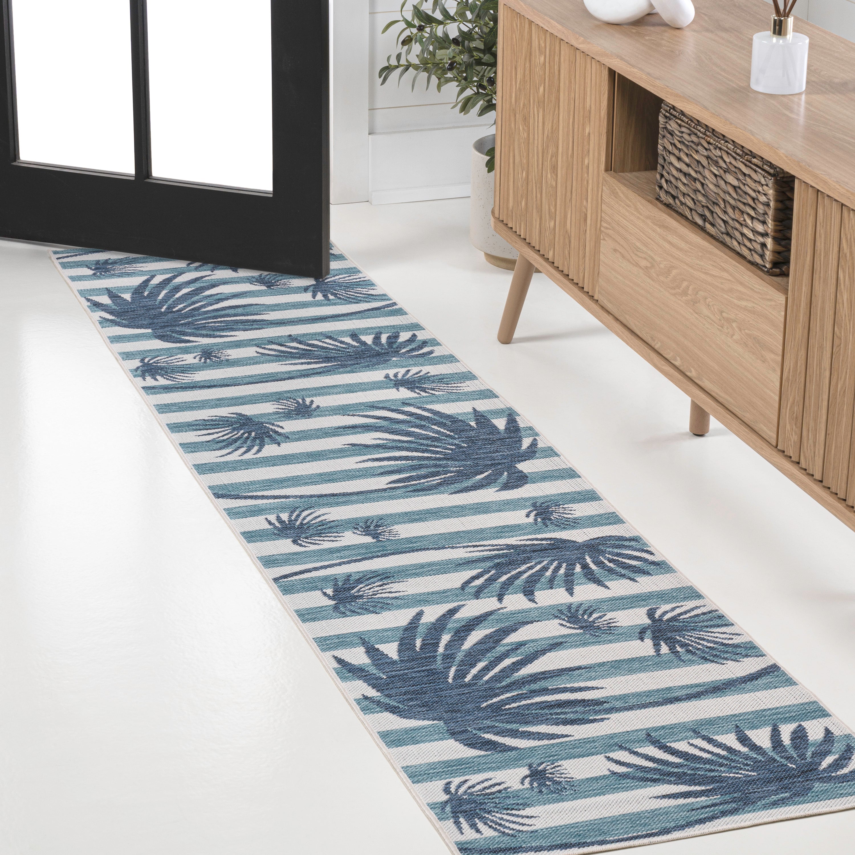 Veronica Classic Beach Stripe and Palm Leaf Indoor/Outdoor Area Rug