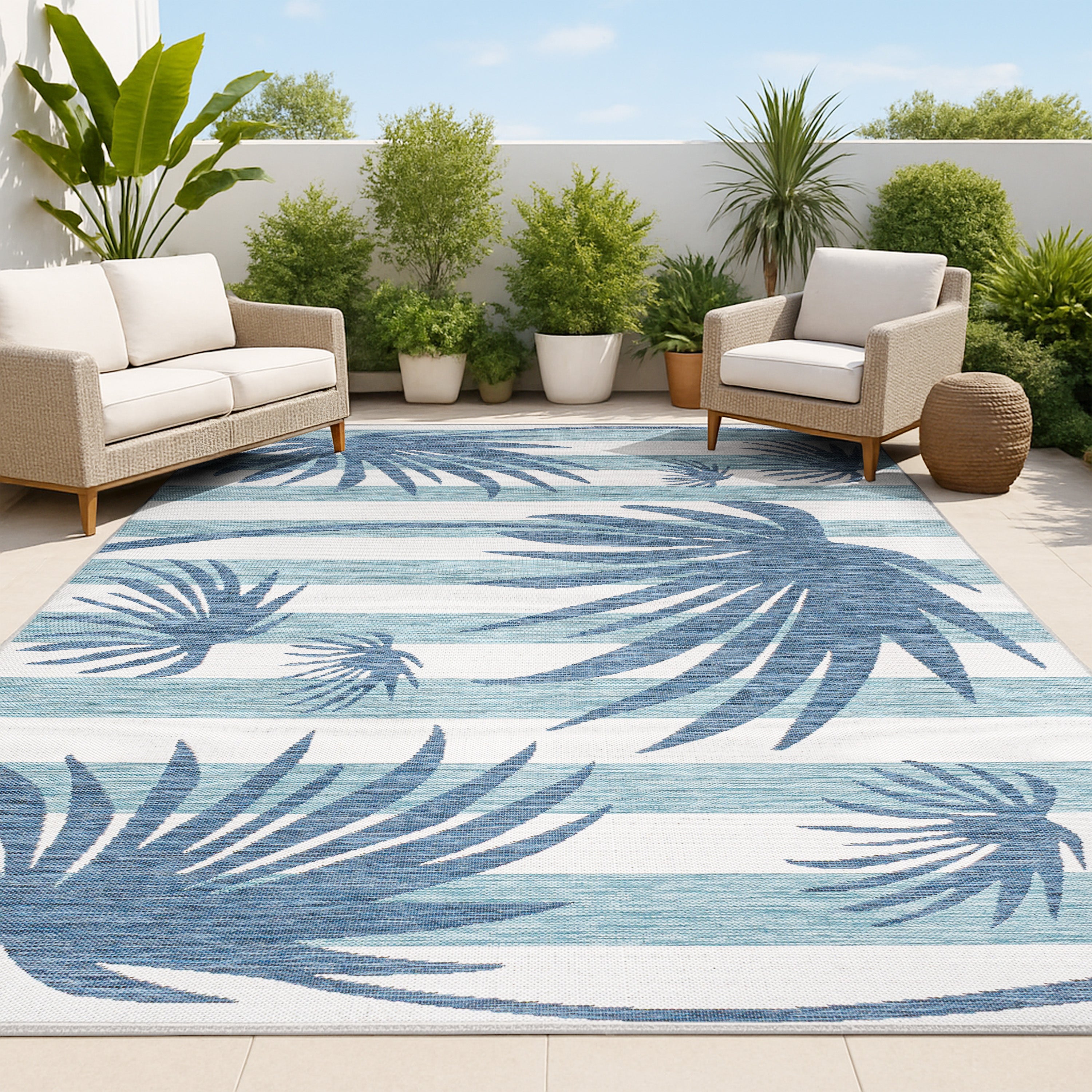 Veronica Classic Beach Stripe and Palm Leaf Indoor/Outdoor Area Rug