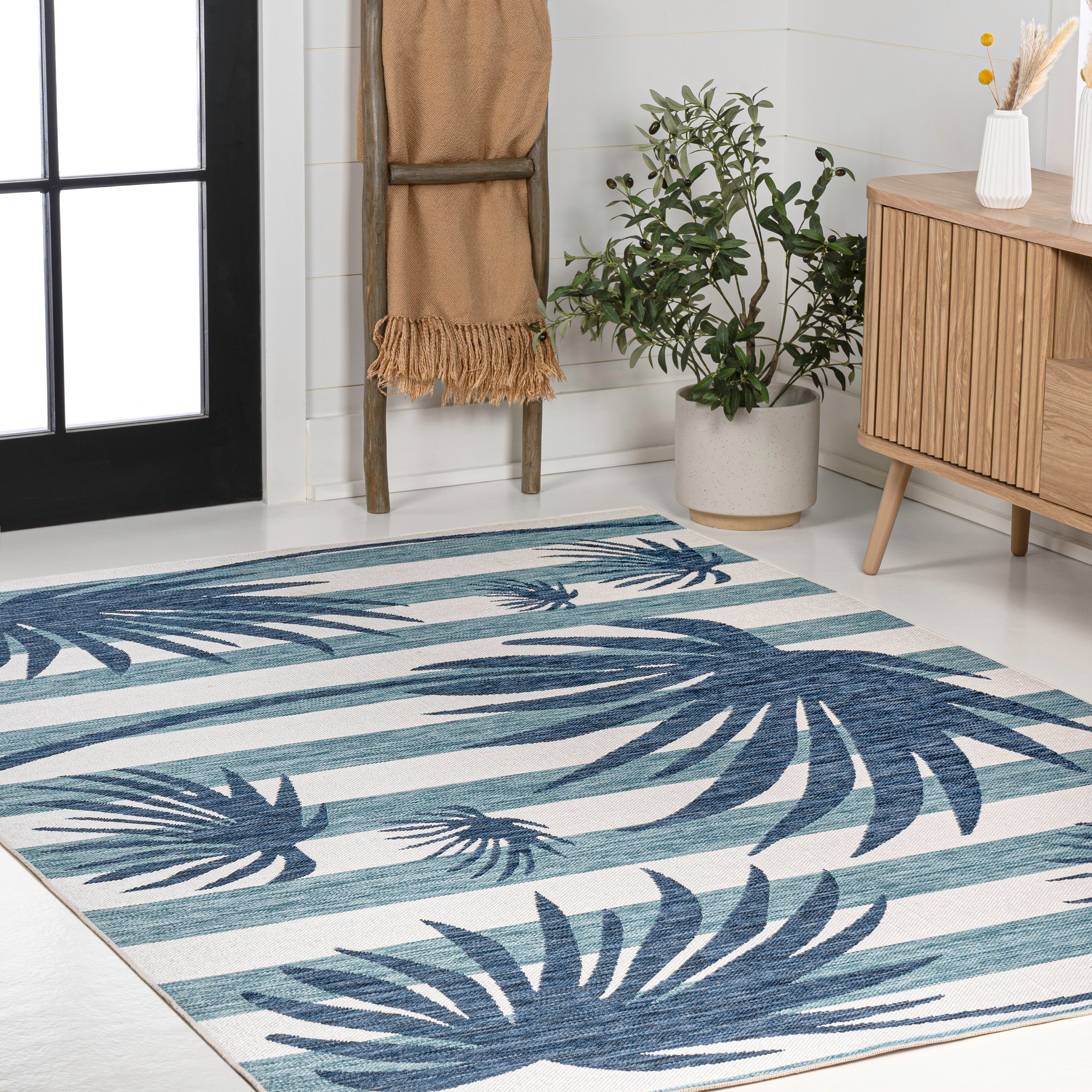 Veronica Classic Beach Stripe and Palm Leaf Indoor/Outdoor Area Rug