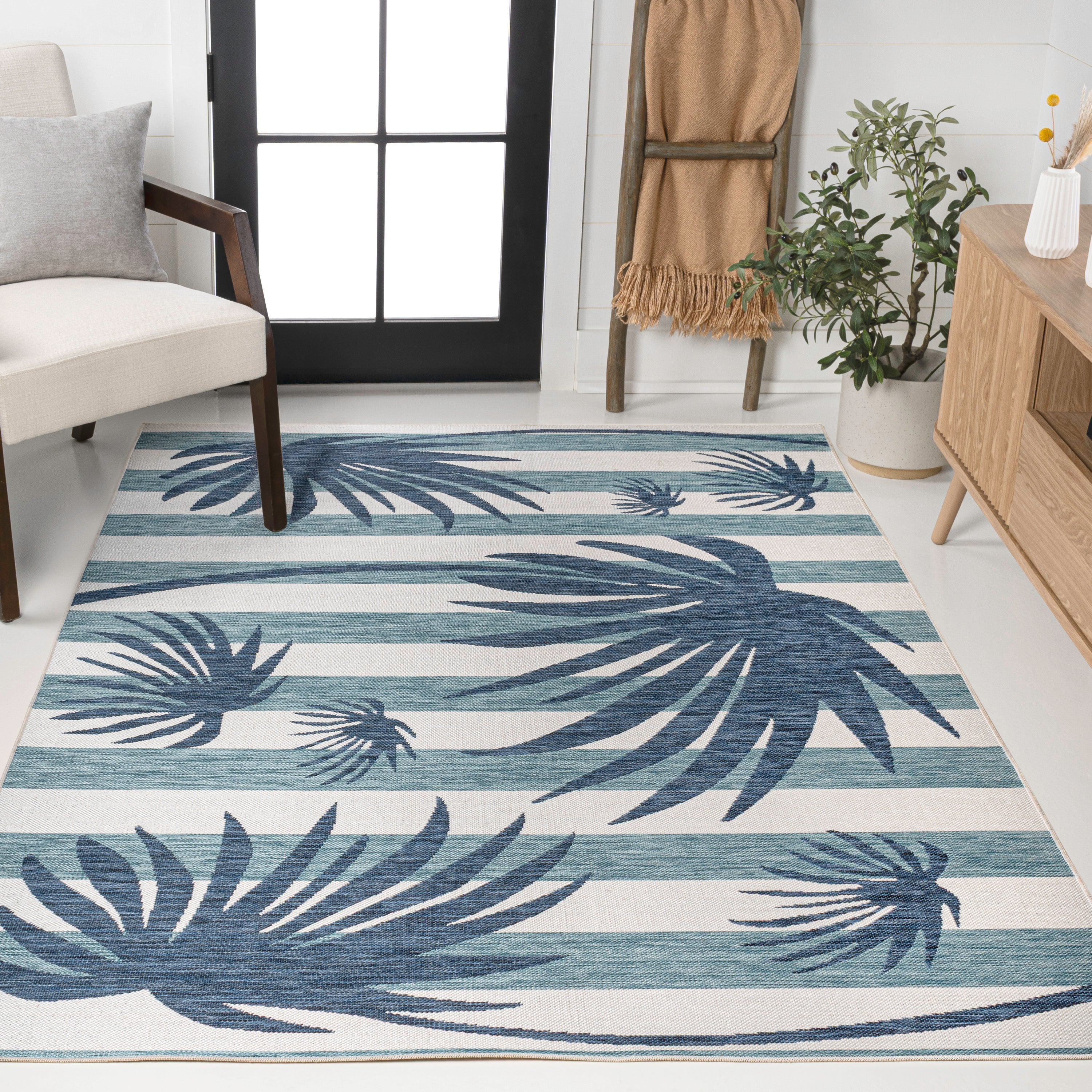 Veronica Classic Beach Stripe and Palm Leaf Indoor/Outdoor Area Rug