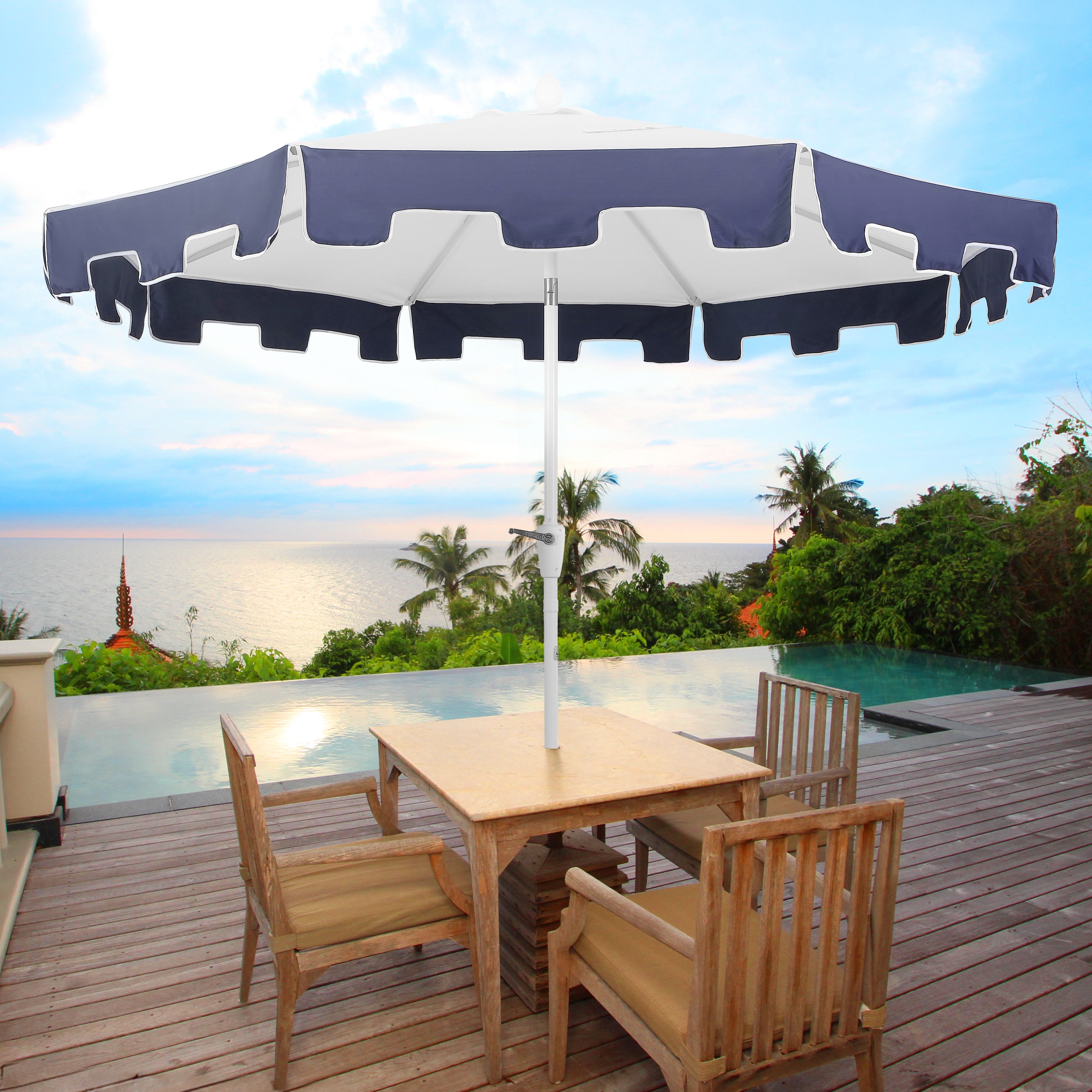 JONATHAN Y UMB1000D Baiona 9 ft. Classic MidCentury Market Patio Umbrella with UV Protection, Auto-Tilt, Crank and Wind Vent in White/Green JONATHAN Y UMB1000D Baiona 9 ft. Classic MidCentury Market Patio Umbrella with UV Protection, Auto-Tilt, Crank and Wind Vent in White/Green