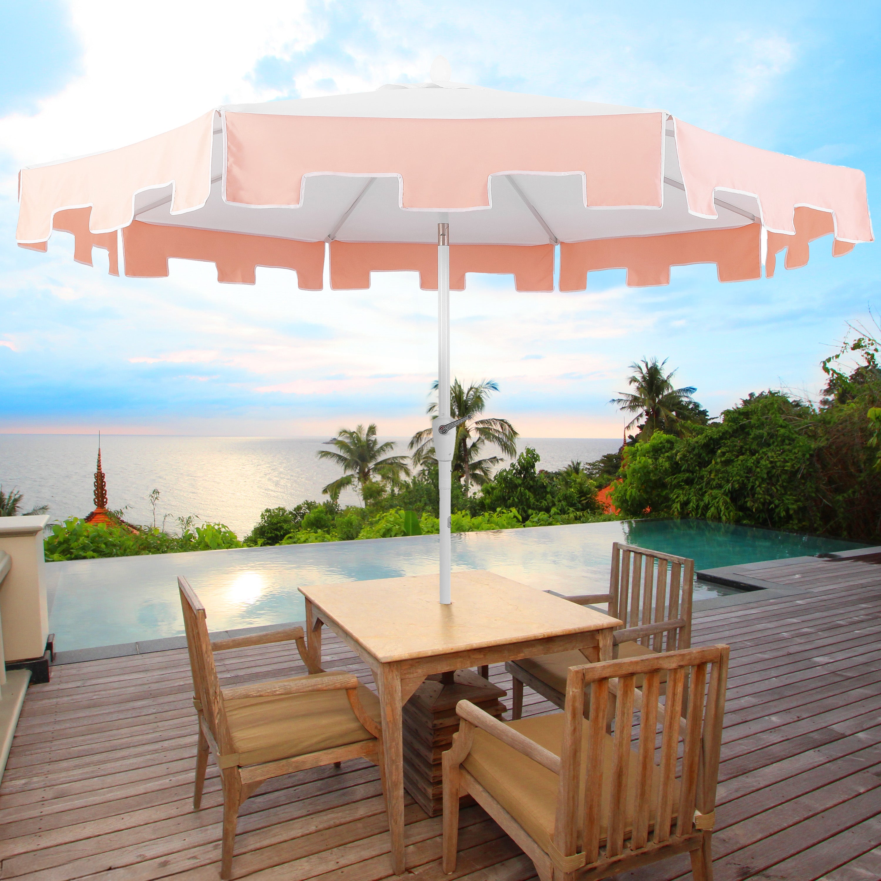 cantilever patio umbrella pier one JONATHAN Y UMB1000D Baiona 9 ft. Classic MidCentury Market Patio Umbrella with UV Protection, Auto-Tilt, Crank and Wind Vent in White/Green