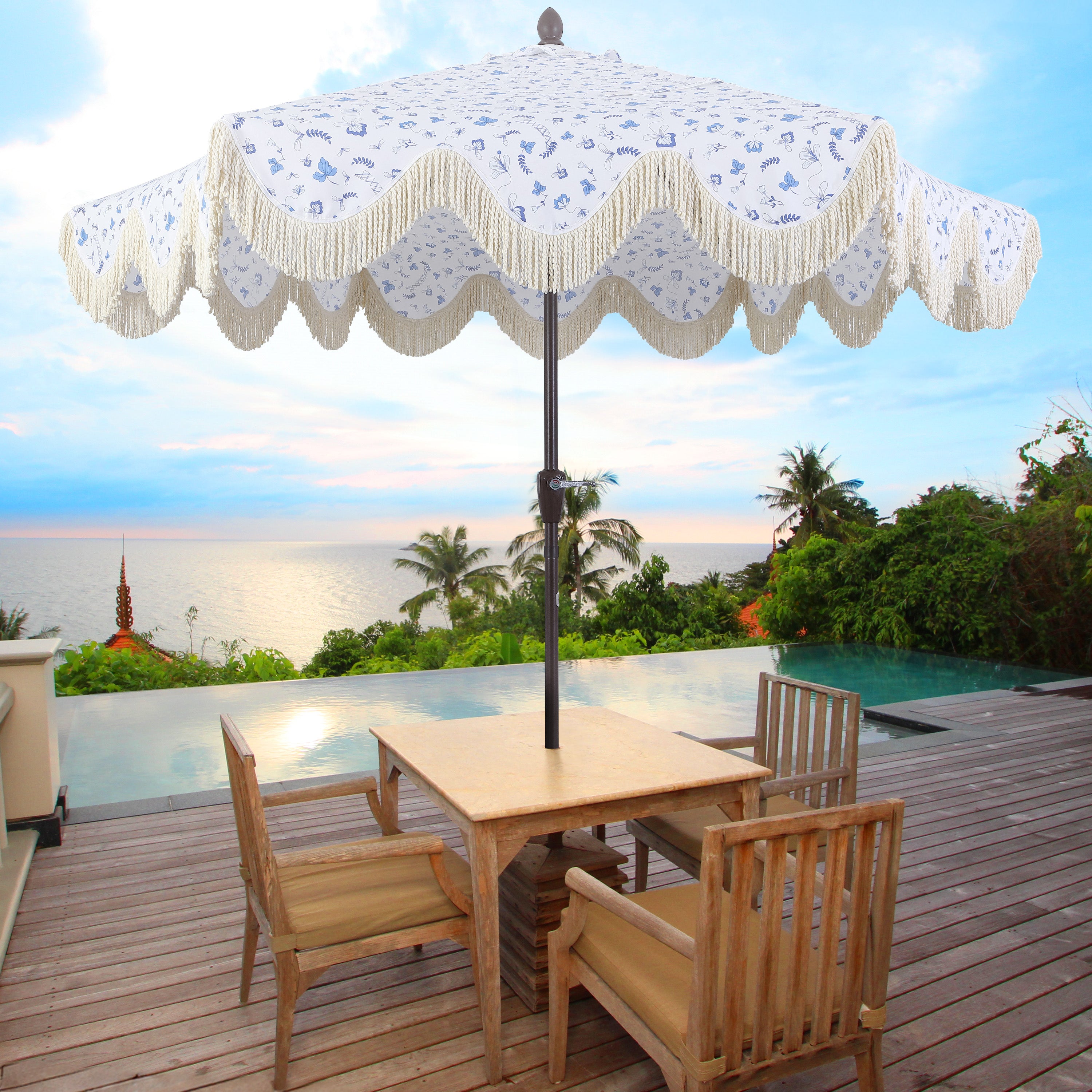 Collins Classic Cottage Tassel Market Patio Umbrella with Auto-Tilt