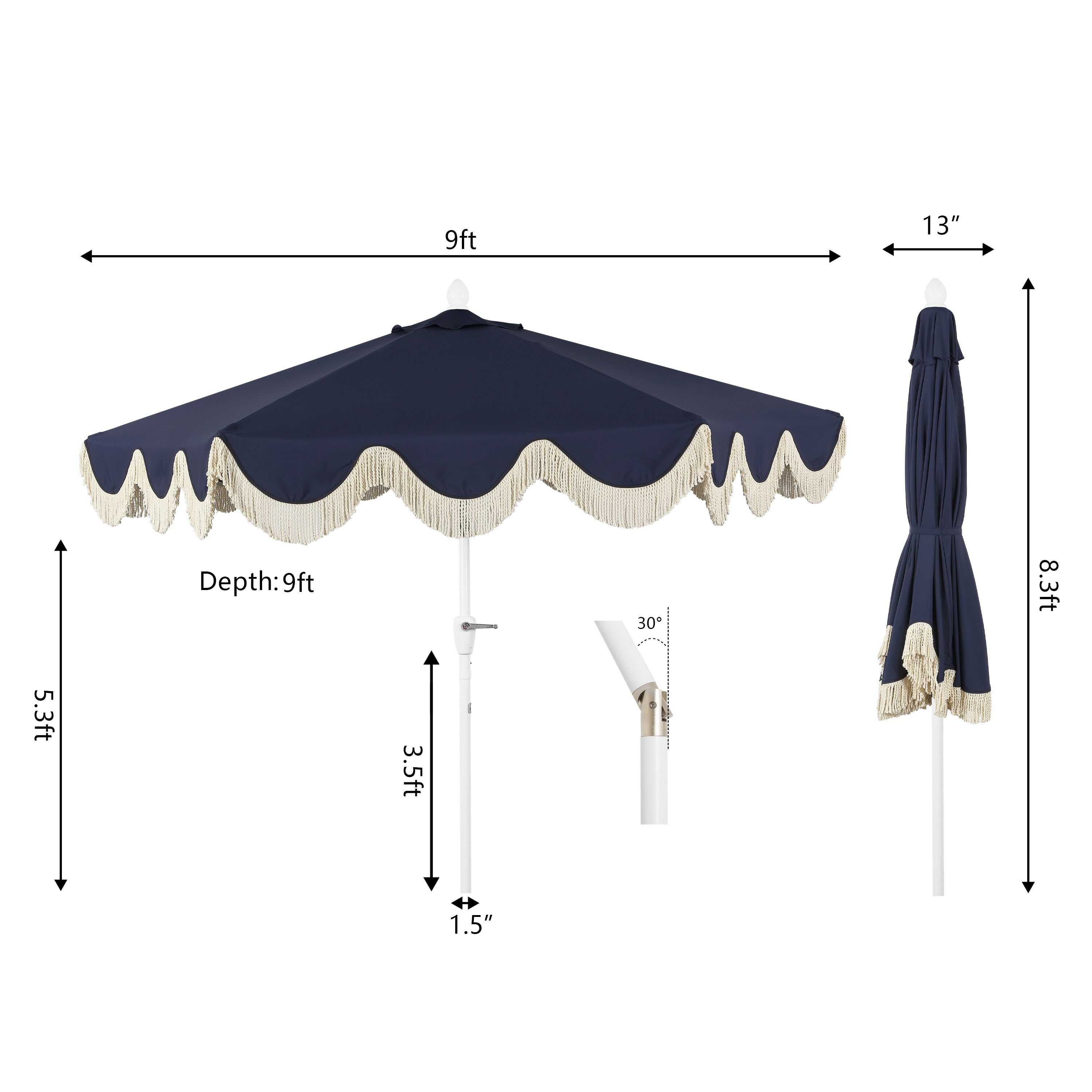 Collins 9 ft. Classic Cottage Fringe Tassel Market Patio Umbrella with Auto-Tilt Crank