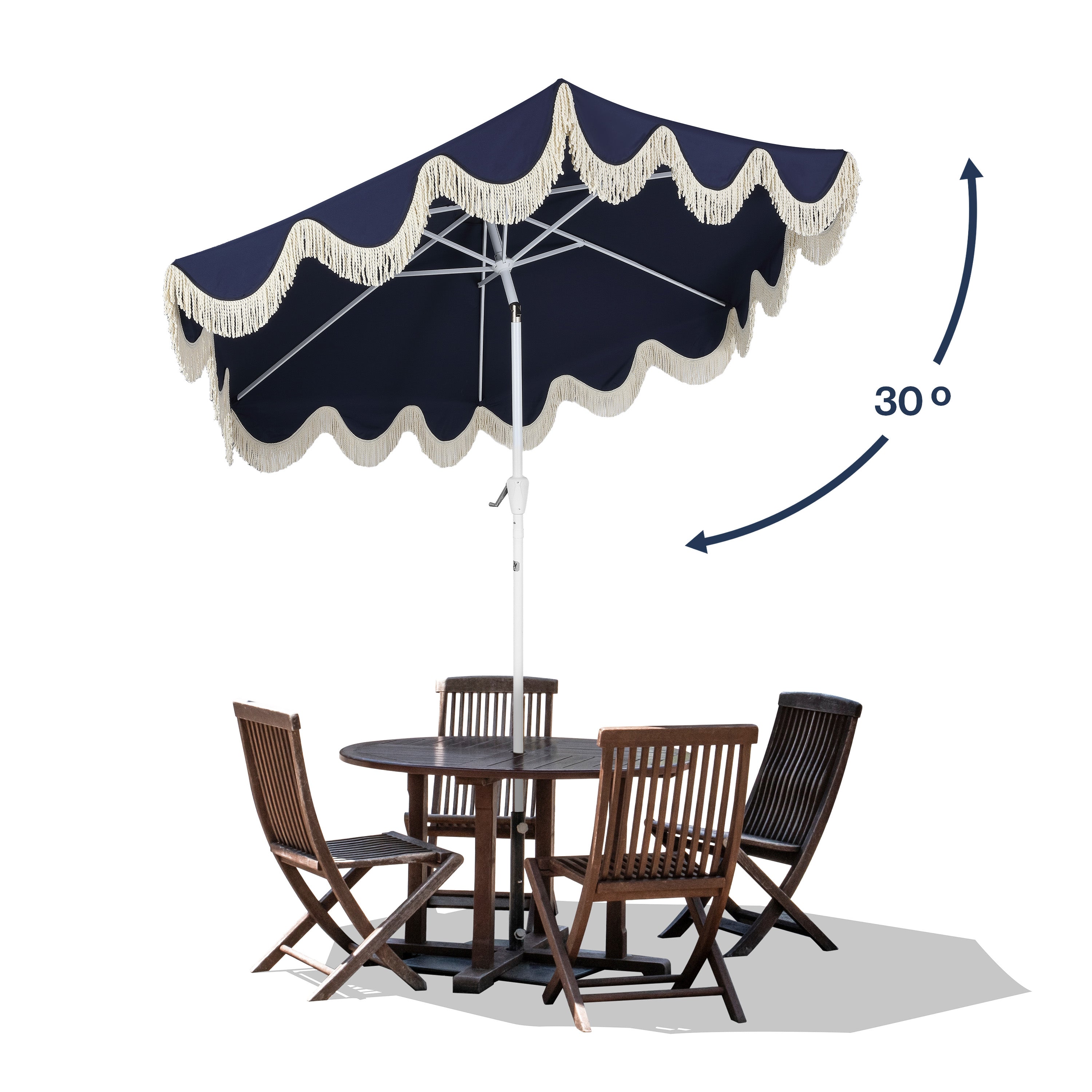 Collins 9 ft. Classic Cottage Fringe Tassel Market Patio Umbrella with Auto-Tilt Crank