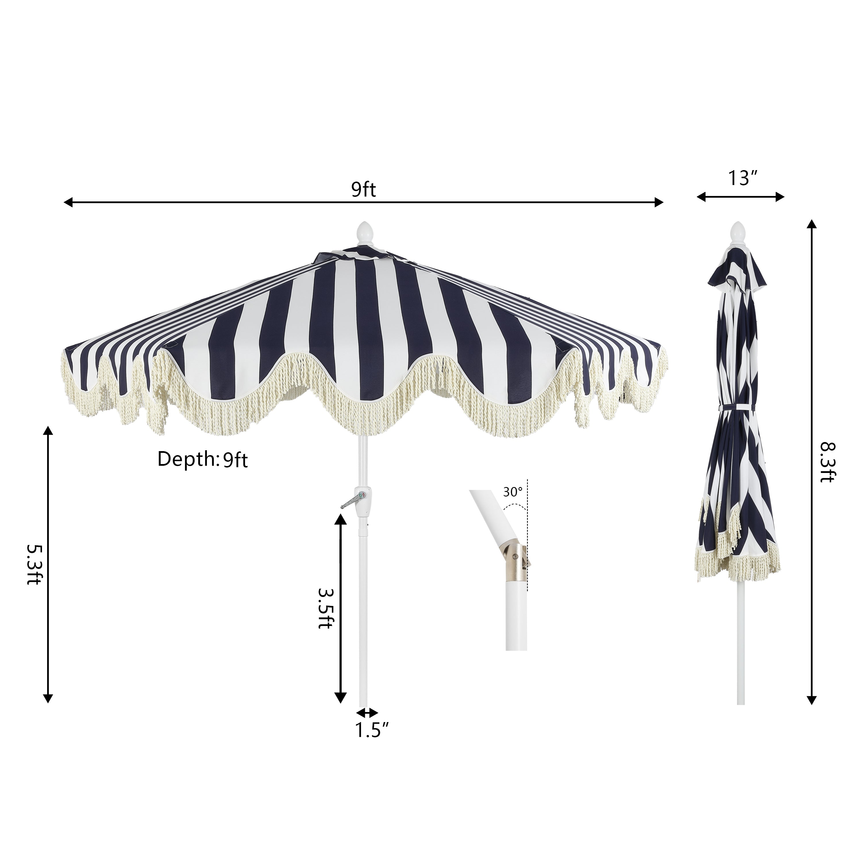 Collins 9 ft. Classic Cottage Fringe Tassel Market Patio Umbrella with Auto-Tilt Crank