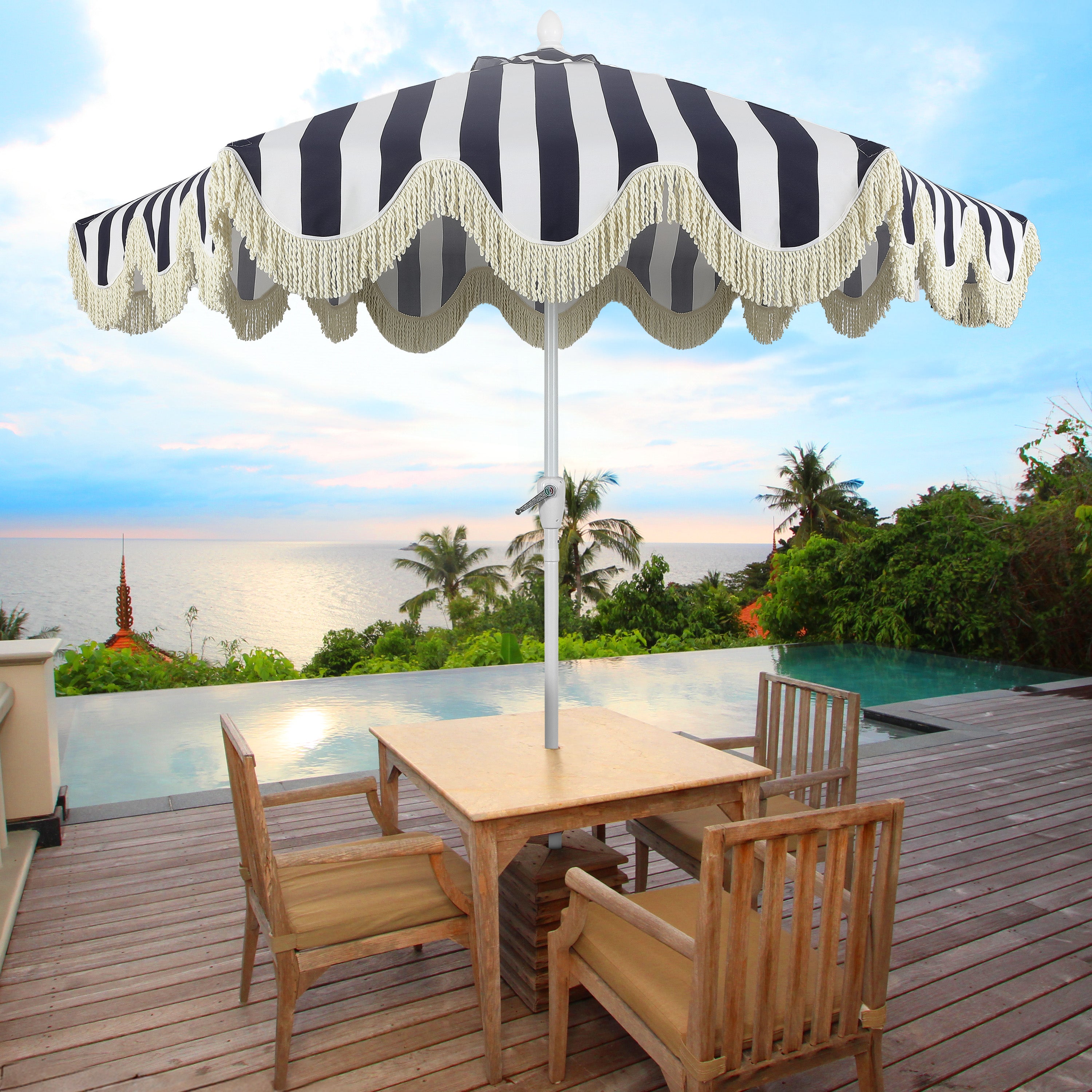 Collins 9 ft. Classic Cottage Fringe Tassel Market Patio Umbrella with Auto-Tilt Crank