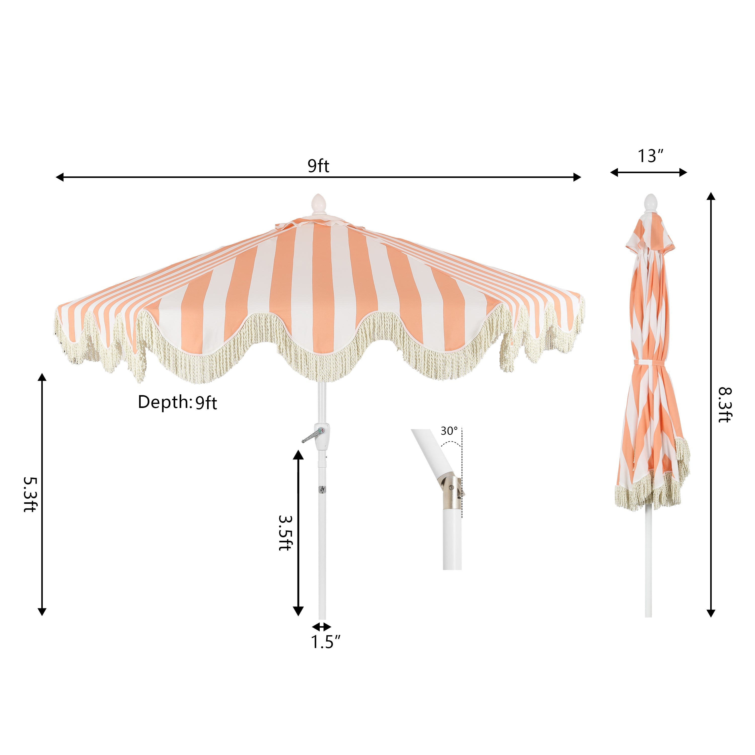 Collins 9 ft. Classic Cottage Fringe Tassel Market Patio Umbrella with Auto-Tilt Crank