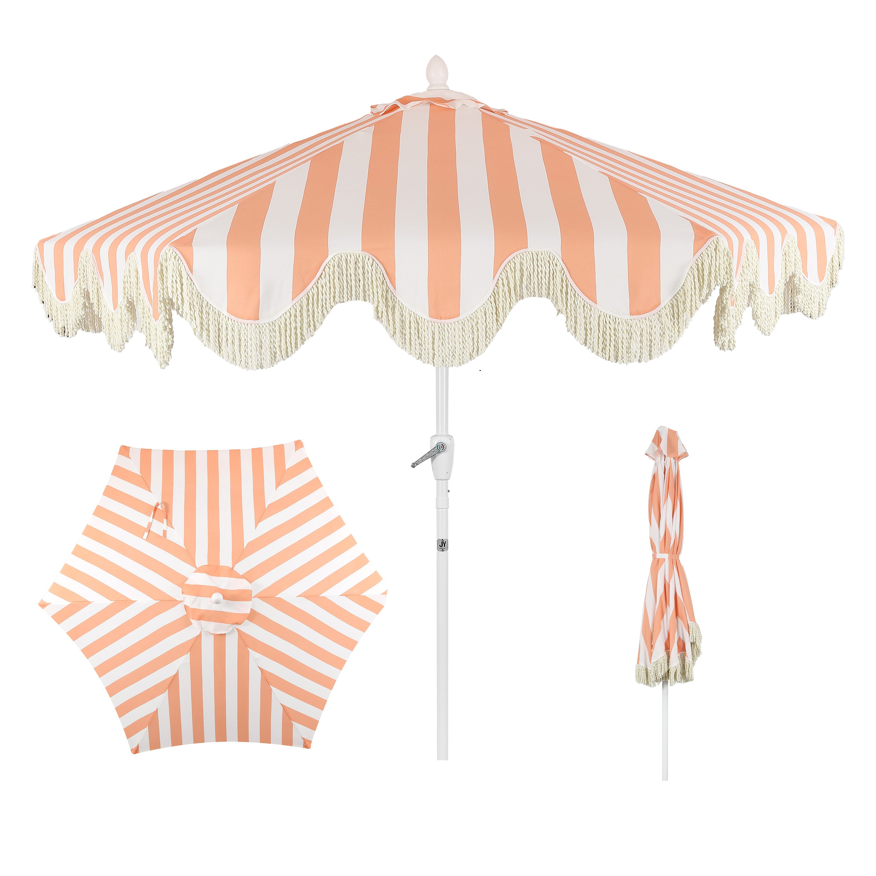 Collins 9 ft. Classic Cottage Fringe Tassel Market Patio Umbrella with Auto-Tilt Crank