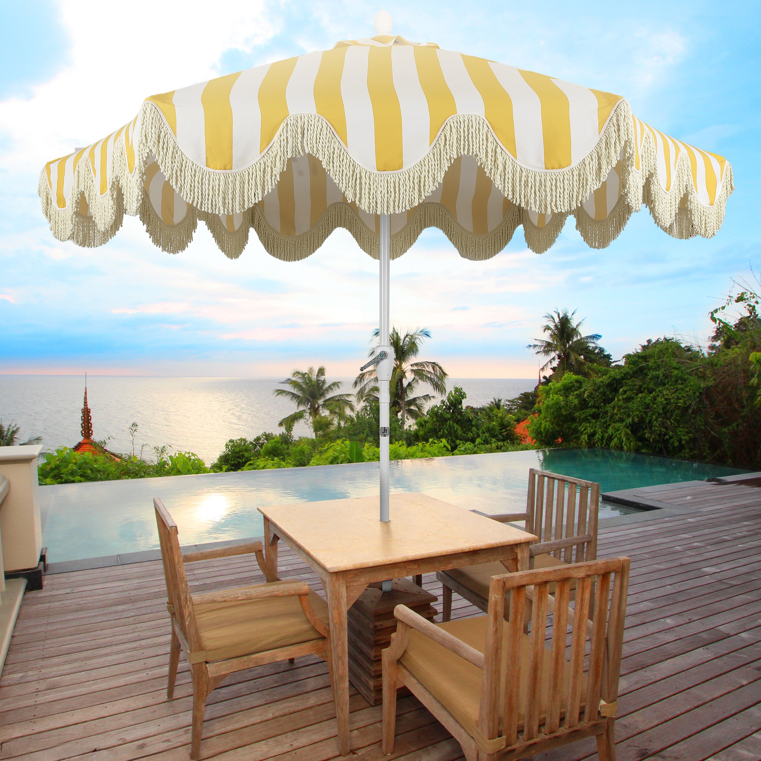Collins 9 ft. Classic Cottage Fringe Tassel Market Patio Umbrella with Auto-Tilt Crank