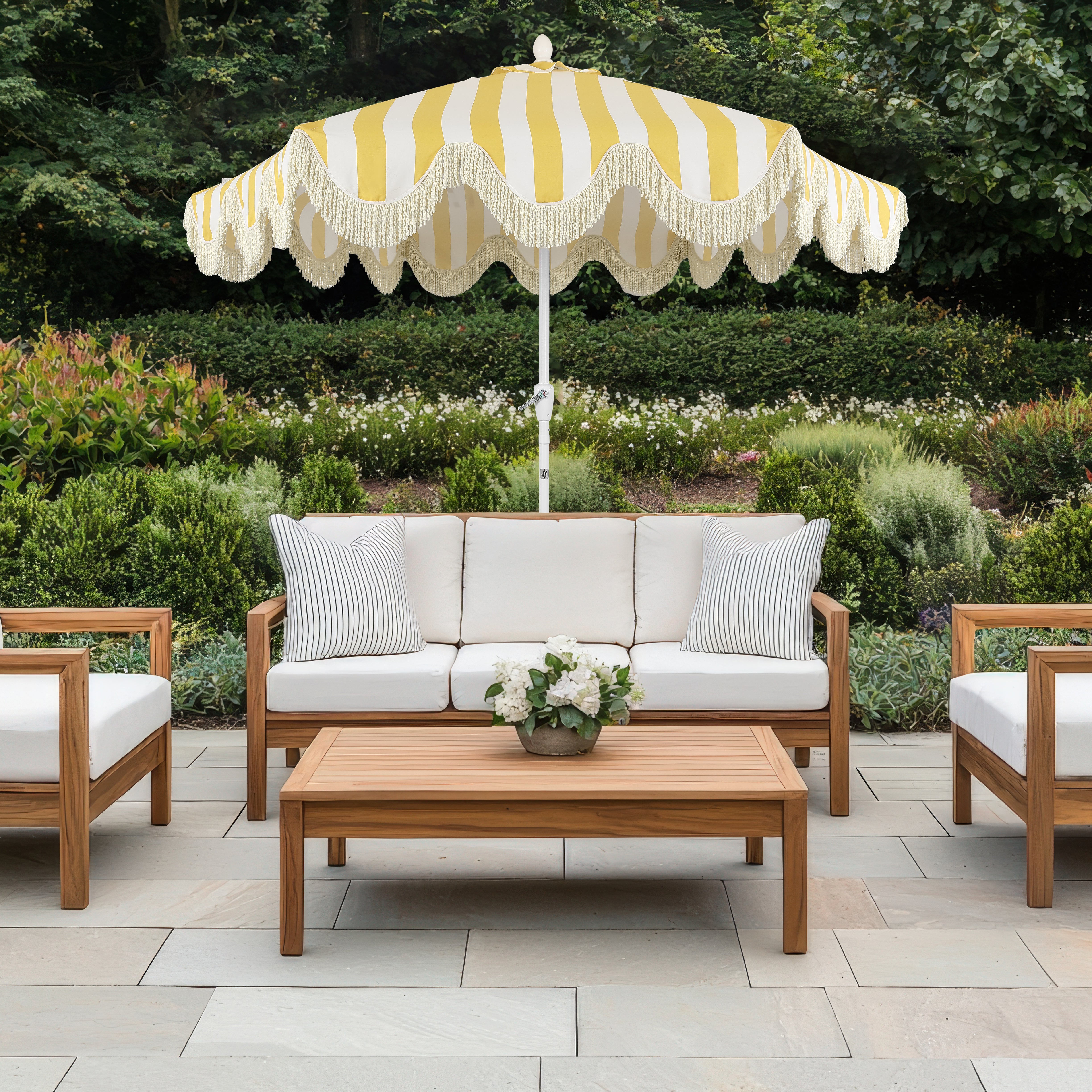 Collins 9 ft. Classic Cottage Fringe Tassel Market Patio Umbrella with Auto-Tilt Crank