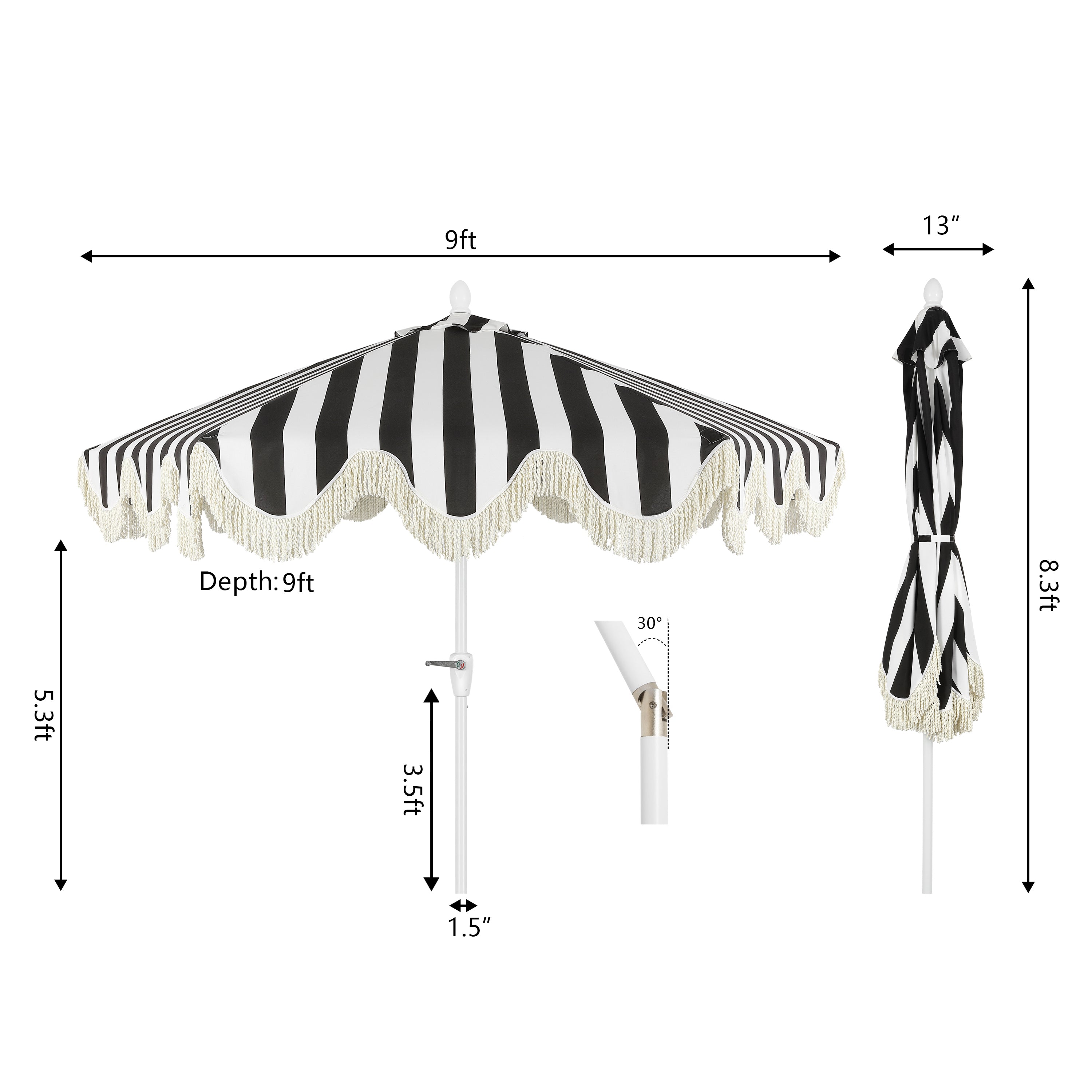 Collins 9 ft. Classic Cottage Fringe Tassel Market Patio Umbrella with Auto-Tilt Crank