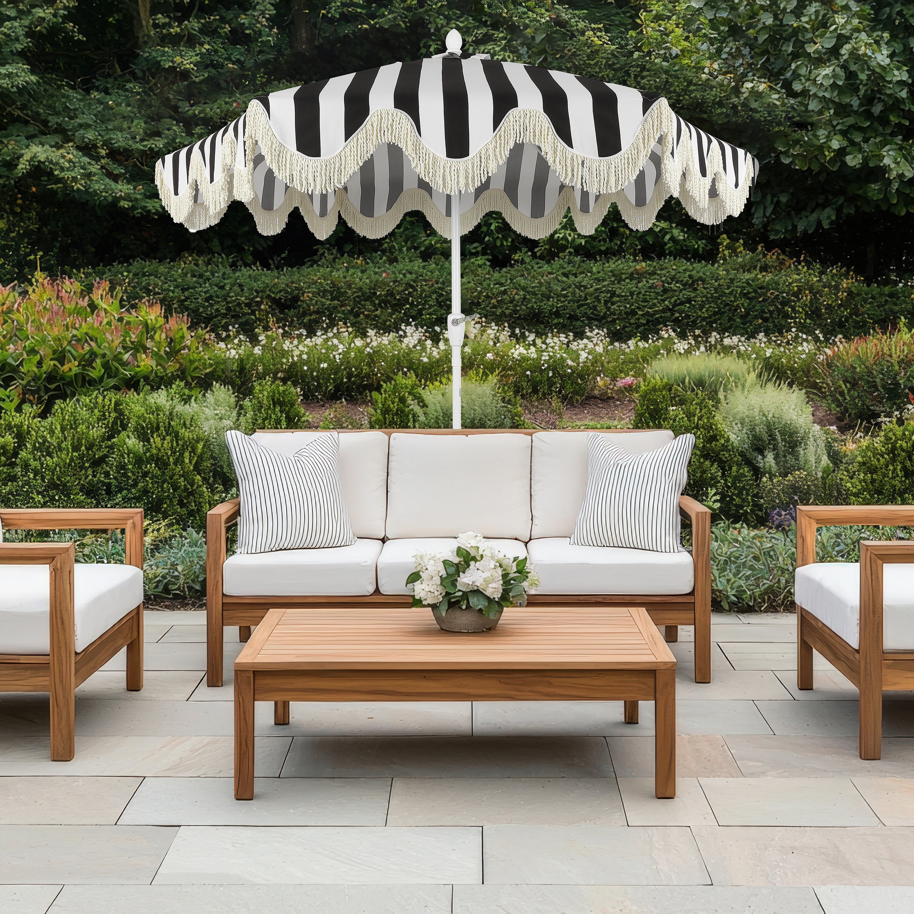 Collins 9 ft. Classic Cottage Fringe Tassel Market Patio Umbrella with Auto-Tilt Crank