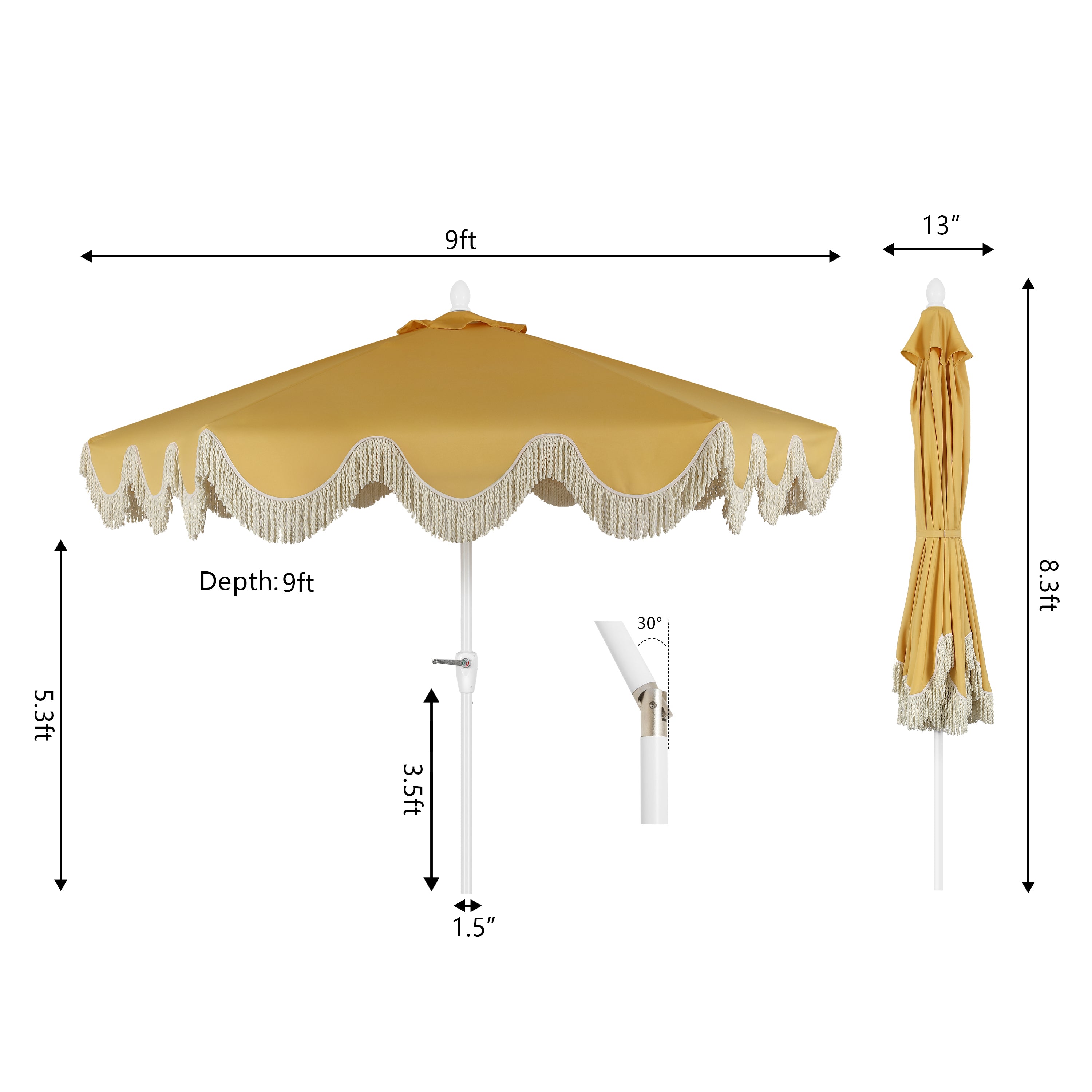 Collins 9 ft. Classic Cottage Fringe Tassel Market Patio Umbrella with Auto-Tilt Crank