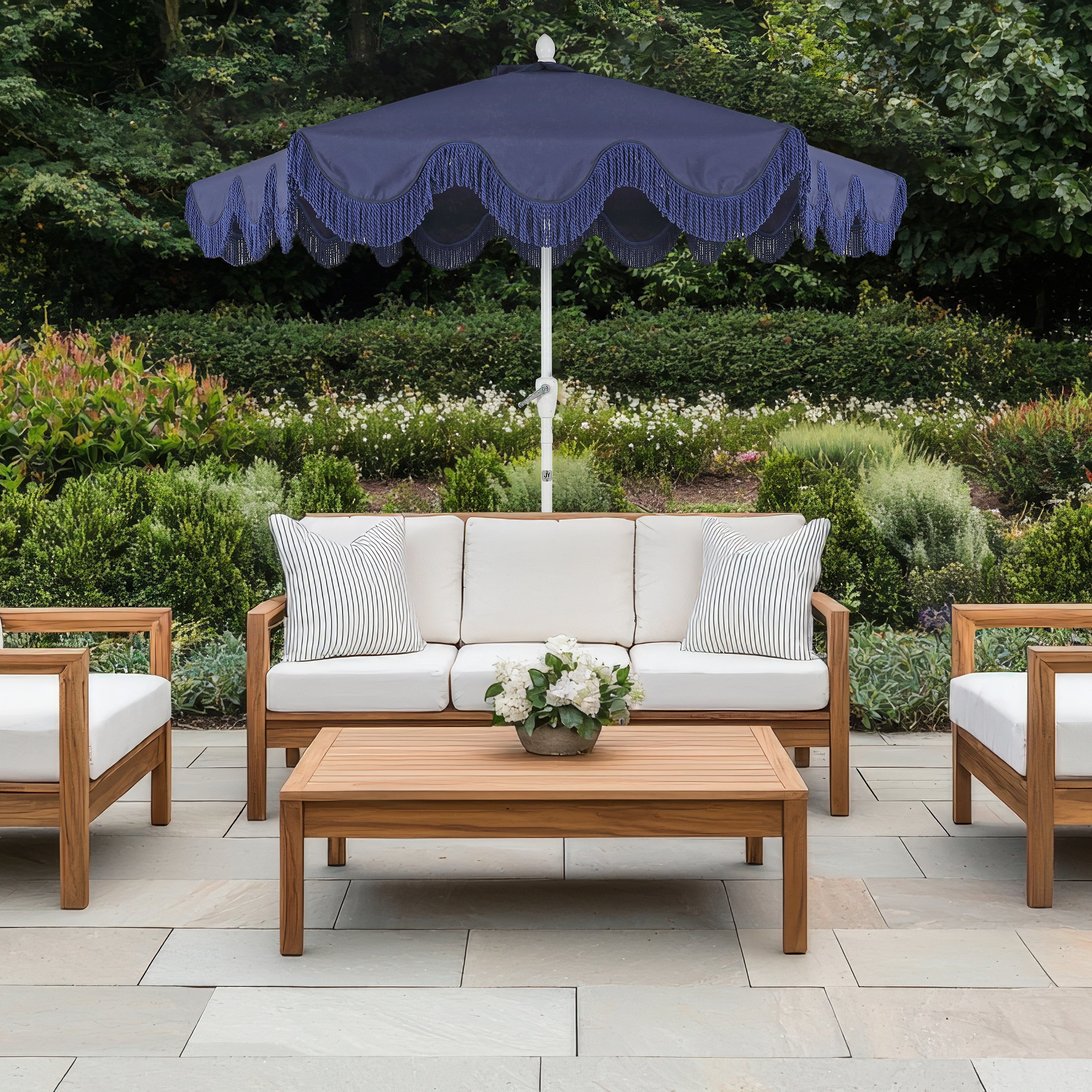 Collins 9 ft. Classic Cottage Fringe Tassel Market Patio Umbrella with Auto-Tilt Crank