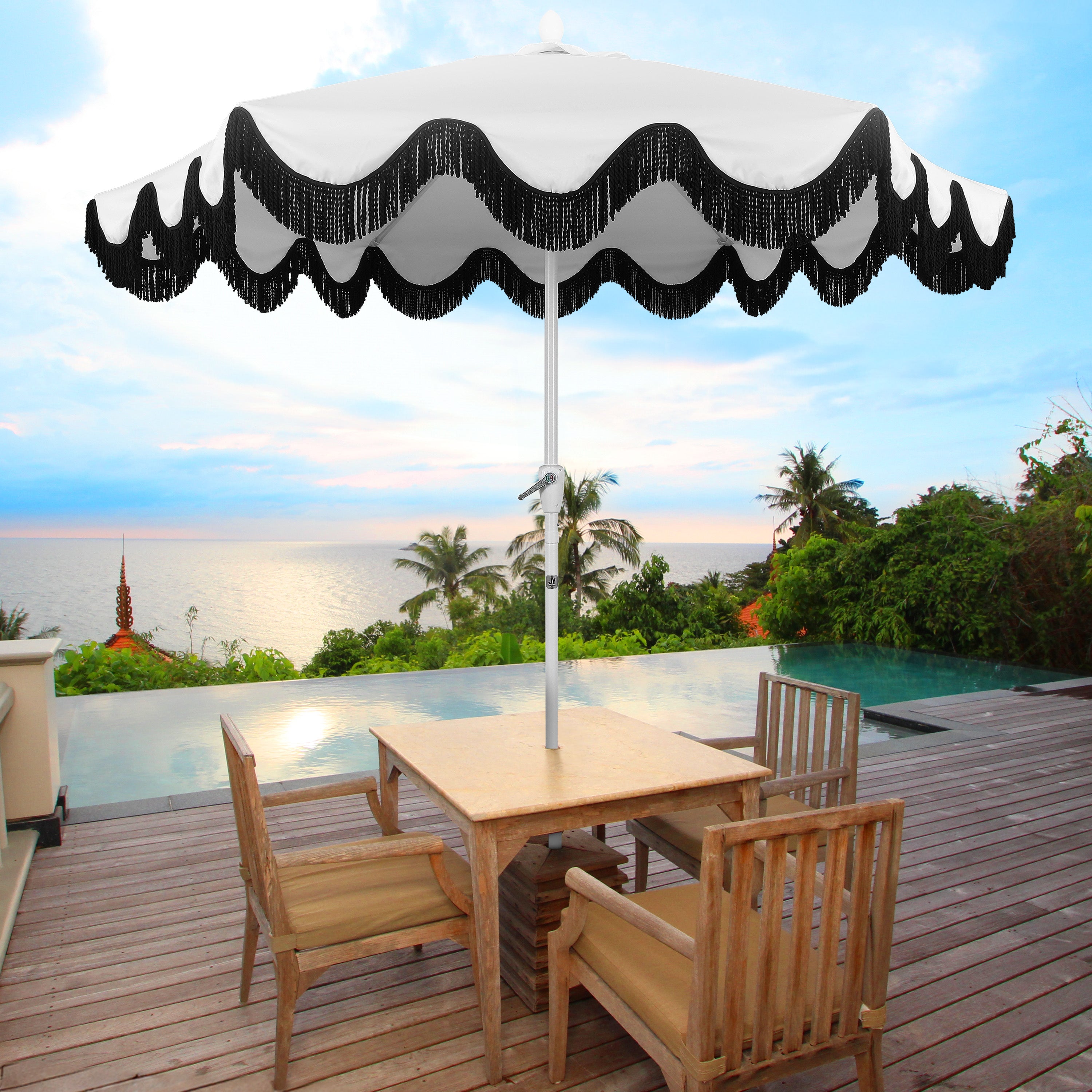 Collins 9 ft. Classic Cottage Fringe Tassel Market Patio Umbrella with Auto-Tilt Crank