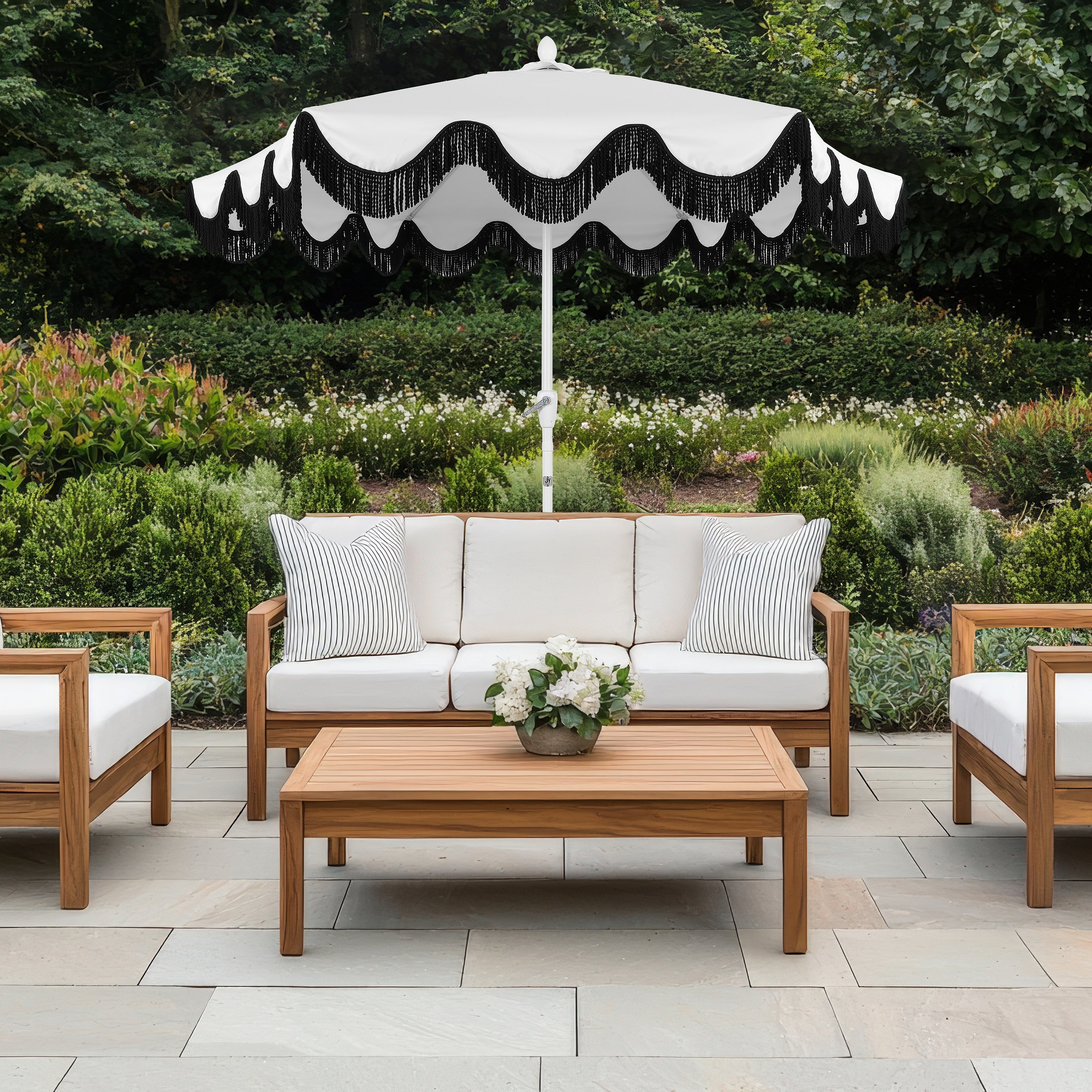 Collins 9 ft. Classic Cottage Fringe Tassel Market Patio Umbrella with Auto-Tilt Crank