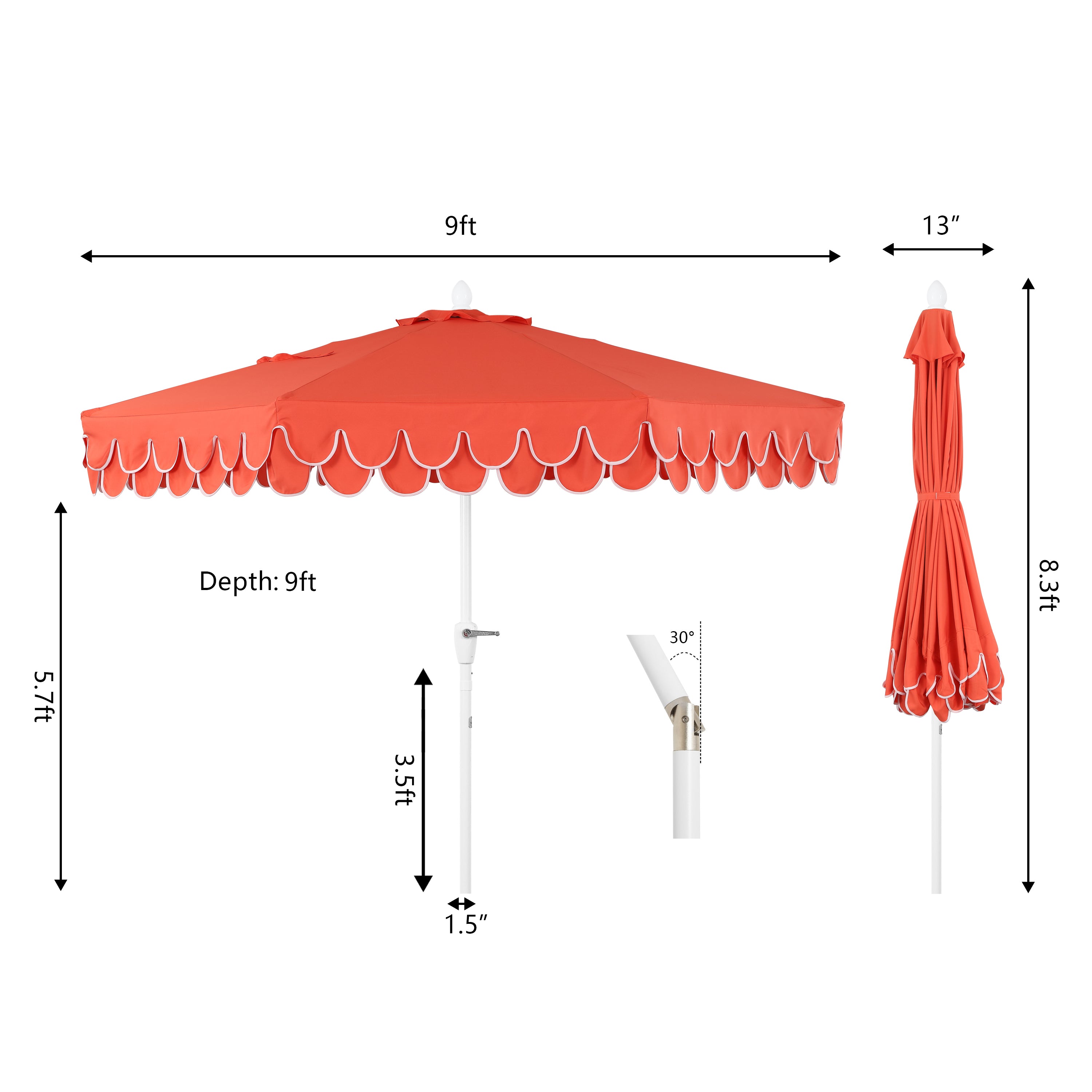 Tracy 9 ft. Classic MidCentury Scalloped Fringe Market Patio Umbrella with Auto-Tilt Crank