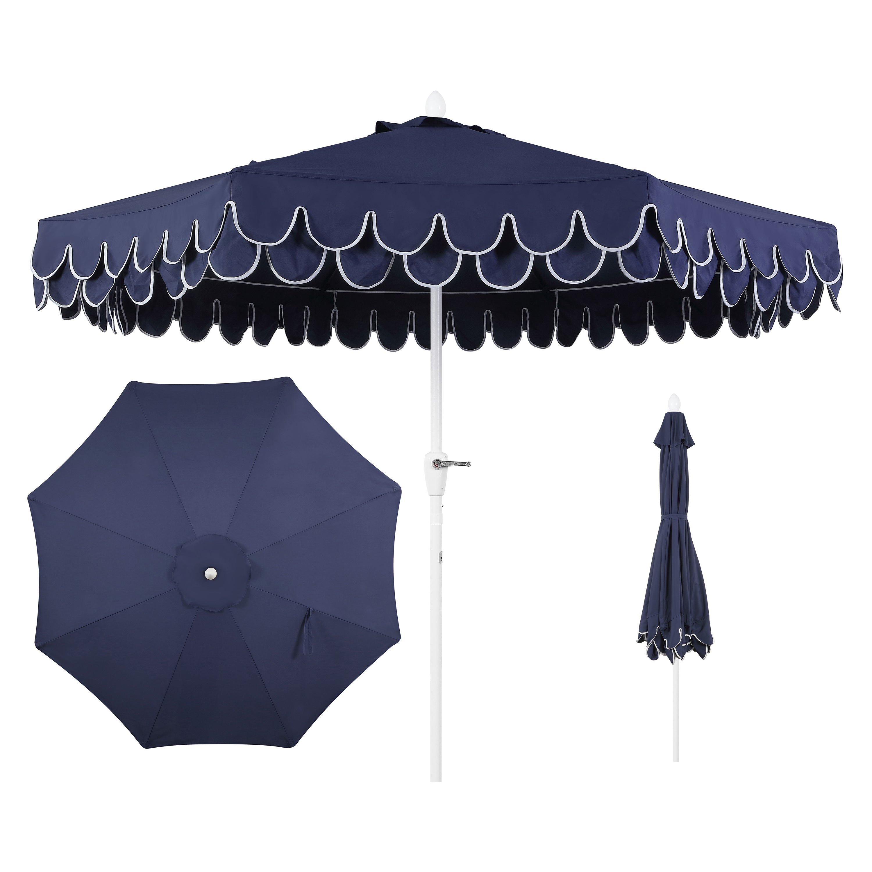 Tracy 9 ft. Classic MidCentury Scalloped Fringe Market Patio Umbrella with Auto-Tilt Crank