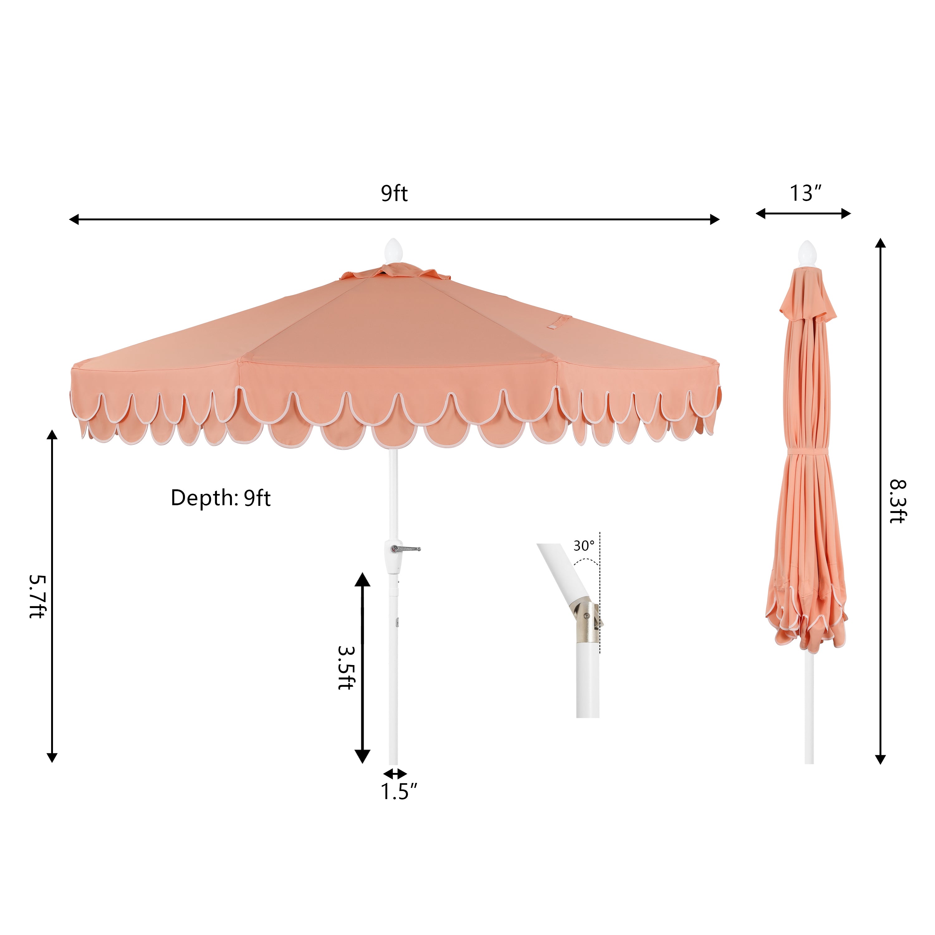 Tracy 9 ft. Classic MidCentury Scalloped Fringe Market Patio Umbrella with Auto-Tilt Crank