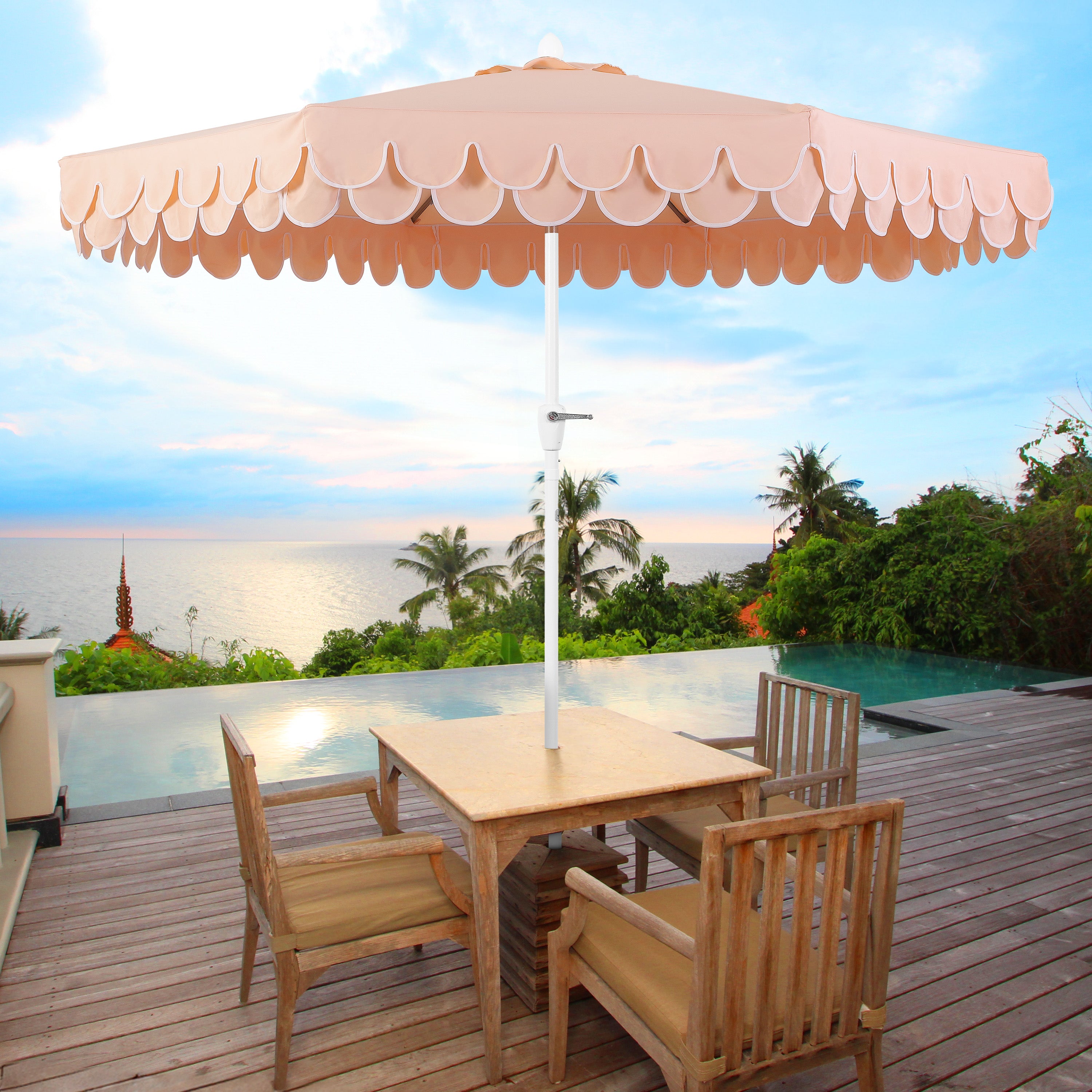Tracy 9 ft. Classic MidCentury Scalloped Fringe Market Patio Umbrella with Auto-Tilt Crank