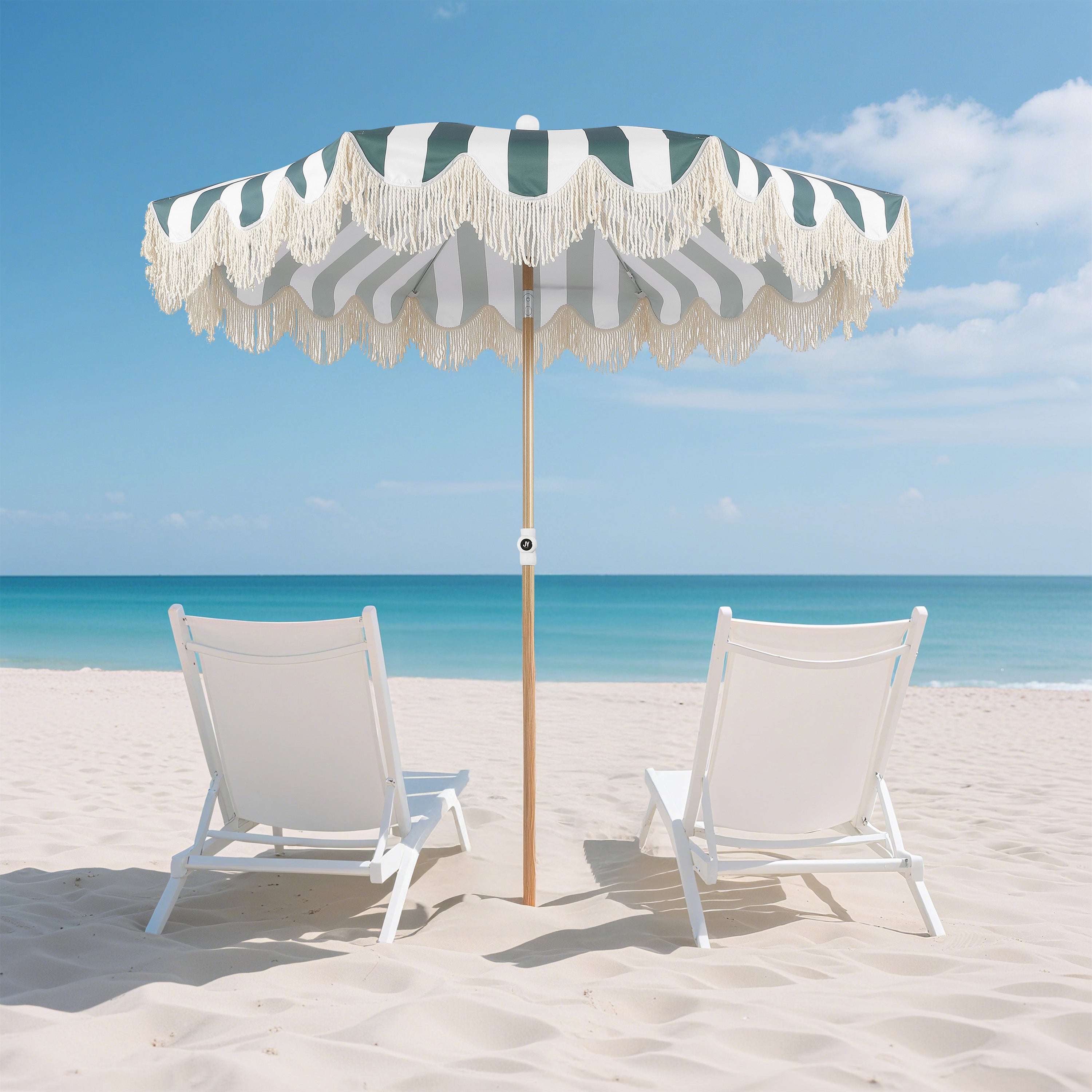 Mariner 6.5 ft. Classic Cottage Fringe Tassel Market Beach Umbrella with Push Button Tilt
