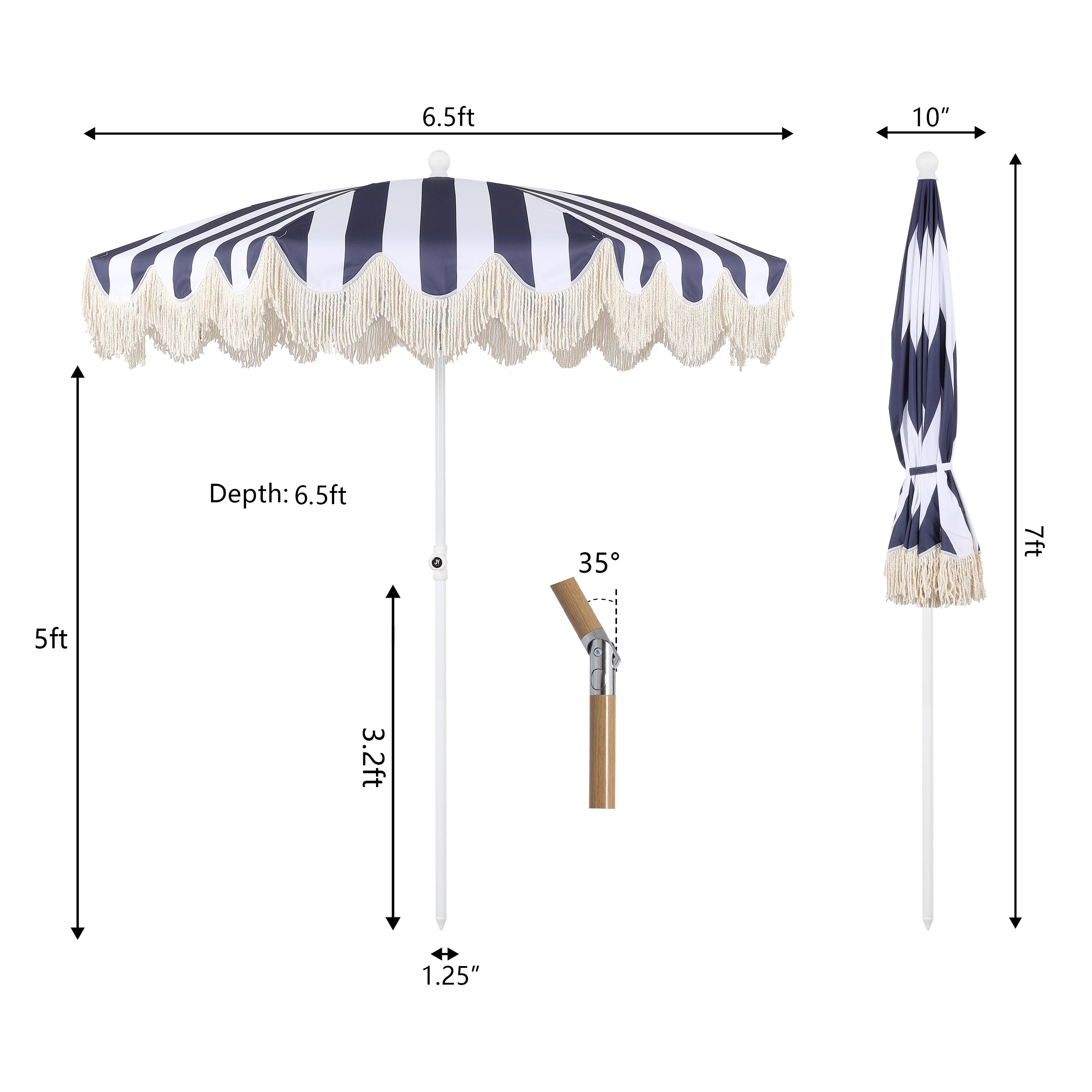 Mariner 6.5 ft. Classic Cottage Fringe Tassel Market Beach Umbrella with Push Button Tilt