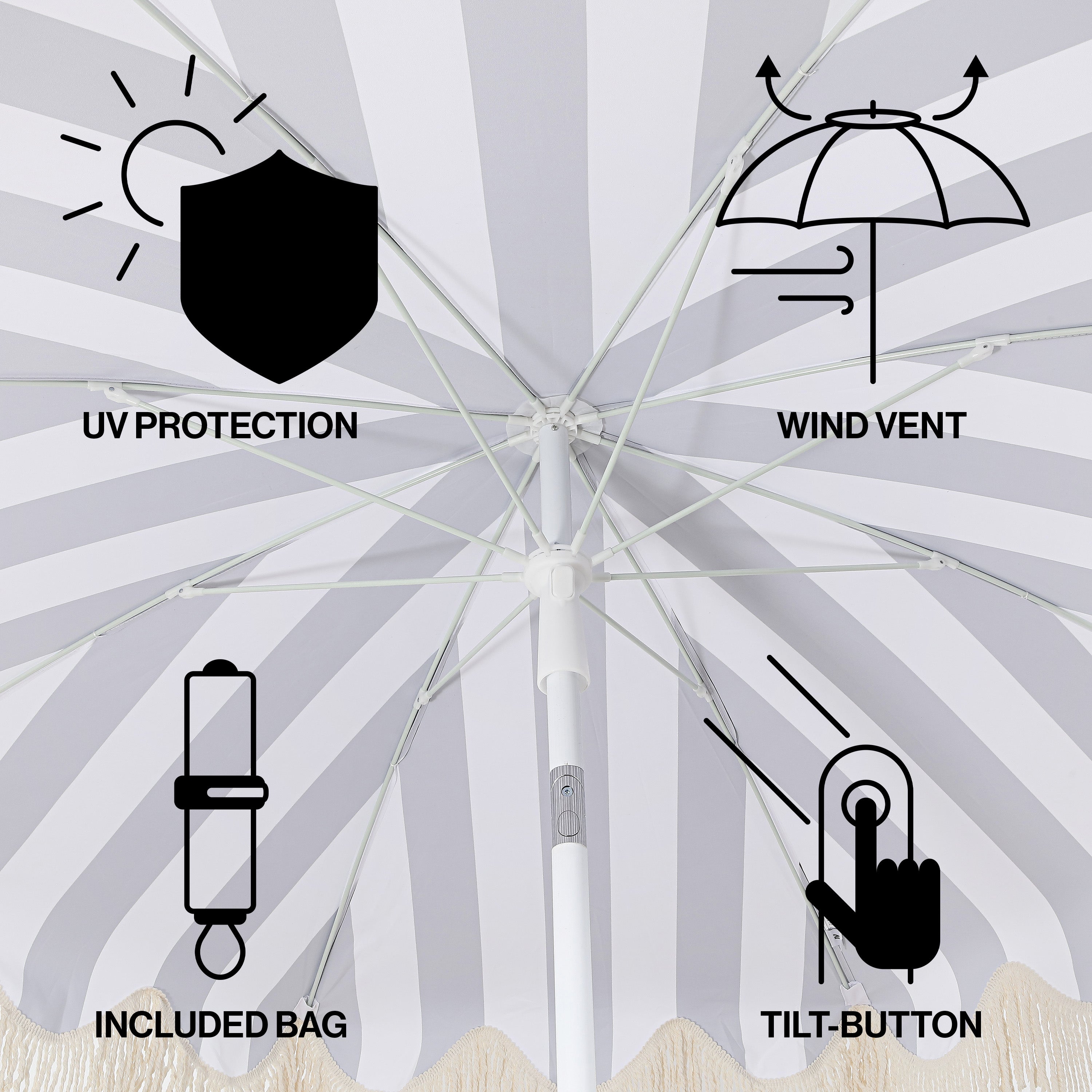 Mariner 6.5 ft. Classic Cottage Fringe Tassel Market Beach Umbrella with Push Button Tilt